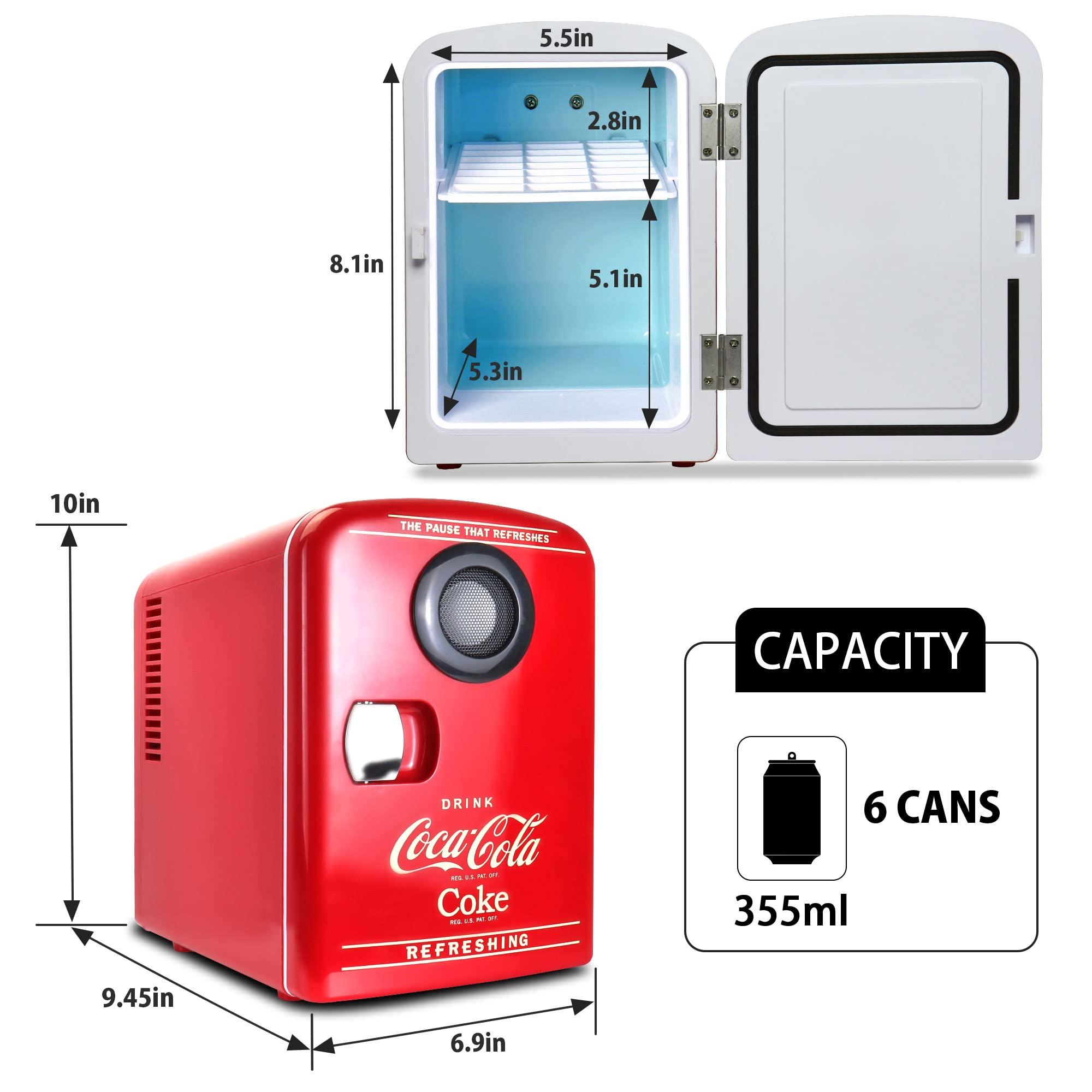 Koolatron Coca-Cola Bluetooth Mini Fridge with Speaker 4L Portable Cooler/Warmer for Home Car RV Iconic Red Design Holds 6 Cans Dual Power Thermoelectric Technology Perfect for Travel and Parties