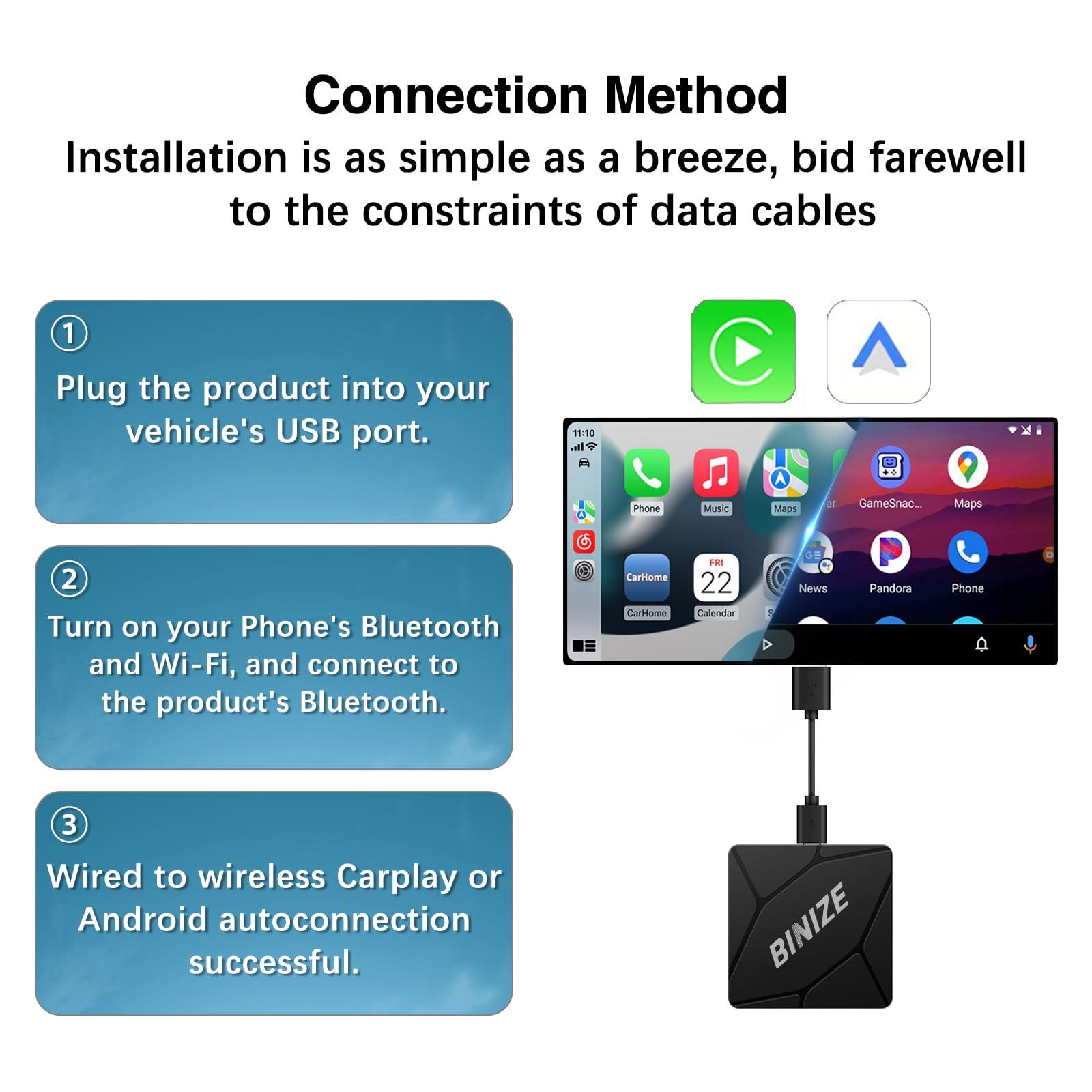 BINIZE Wireless Carplay Adapter & Android Auto Wireless Adapter, 2-in-1 Converts Wired to Wireless Carplay Dongle for Plug & Play Carplay Android Auto Car with iOS 10+ / Android 11+