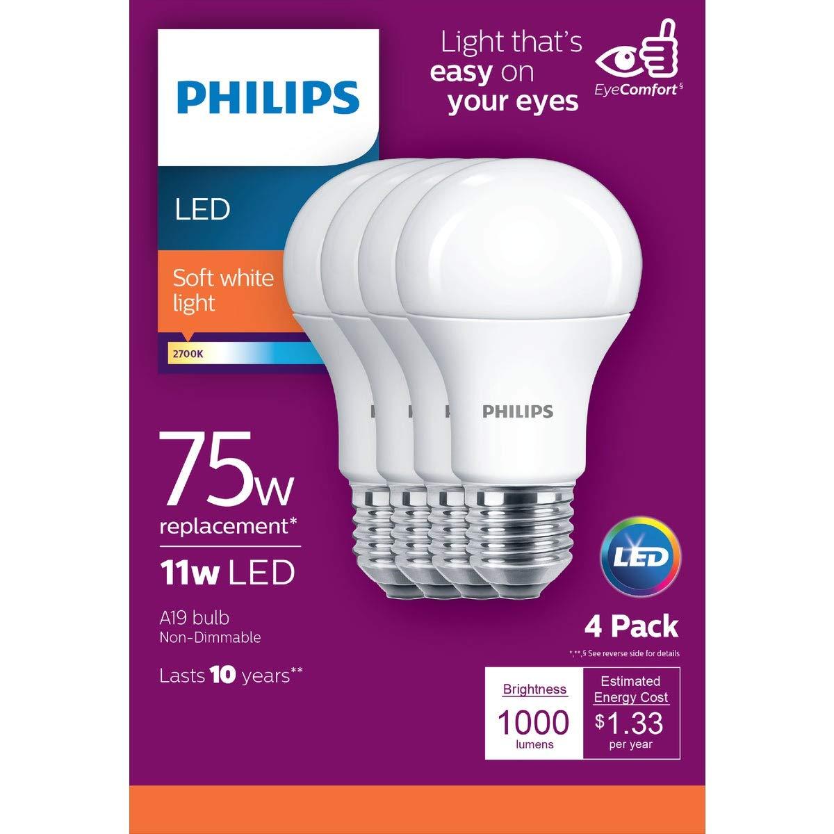PHILIPS PHILIPS LED Frosted Dimmable A19 Light Bulb - Pack of 4 - EyeComfort Flicker Free - 11W=75W - 1000 Lumen - Soft White (2700K) - E26 Base - Indoor