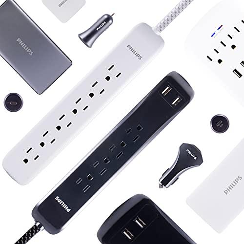 PHILIPS Philips 6-Outlet Surge Protector Power Strip, Designer Braided Power Cord, 10 Ft Power Cord, Flat Plug Extension Cord, Perfect for Office or Home Décor, 1080 Joules, ETL Listed, White, SPC3064WG/37