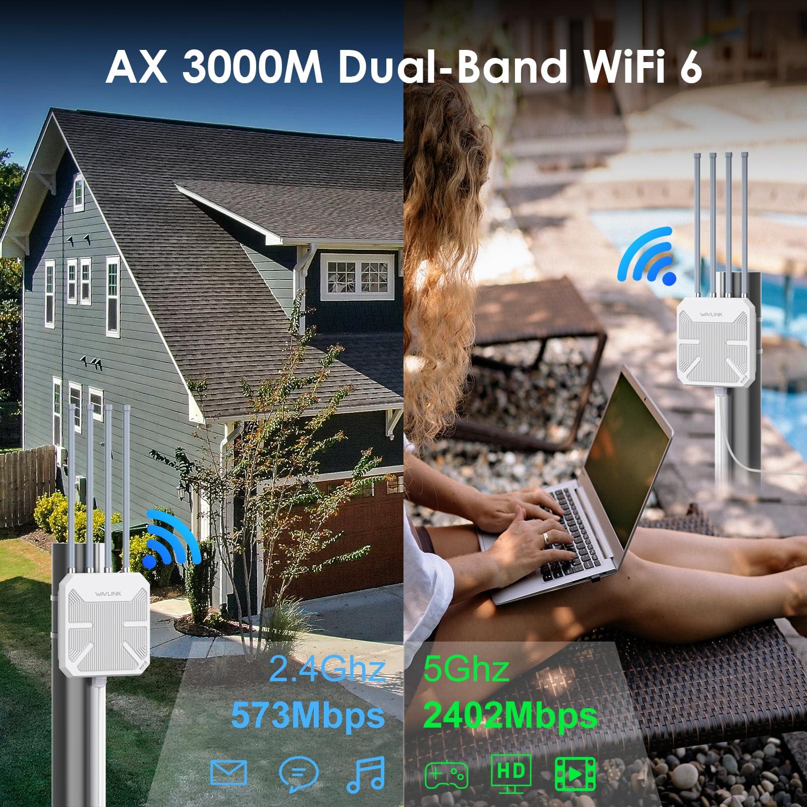 WAVLINK WAVLINK AX3000 Outdoor WiFi 6 Extender Long Range, WiFi 6 Outdoor Wireless Access Point, Active PoE, 4x8dBi Antennas,Work with Starlink/Repeater/Router,IP67,Up to 256 Devices for Farm,Yard,RV,Campsite