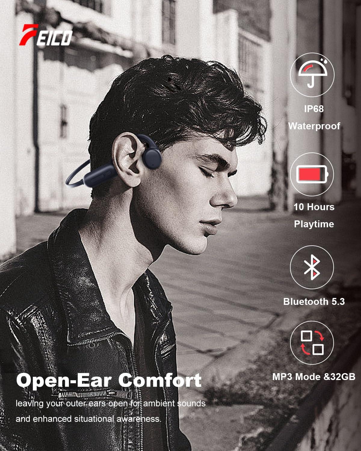 FEICO FEICO Bone Conduction Headphones with Built-in MP3 Player - 32GB Memory, Sport Headphone, IP68 Waterproof, Bluetooth 5.3 with Mic, Open Ear Wireless Headphones for Swimming, Cycling, Driving, Running