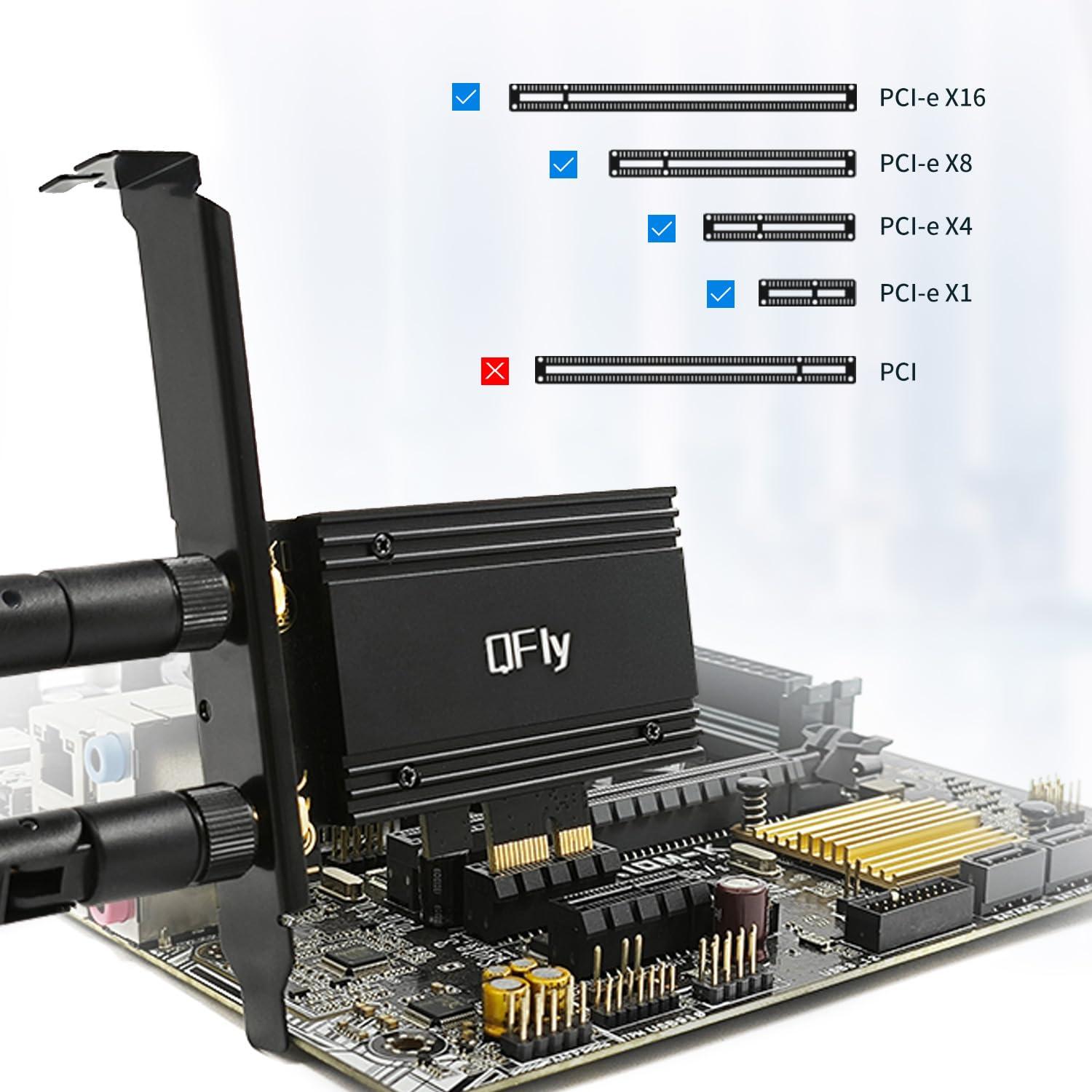 QFly QFly PCIe WiFi 6E Card, AX210 Network Card Adapter for PC Gaming, Bluetooth 5.3, Tri-Band (802.11ax) 5400Mbps 6GHz Wireless LAN Cards with MU-MIMO, OFDMA, Support Windows 10/11 (64-bit)
