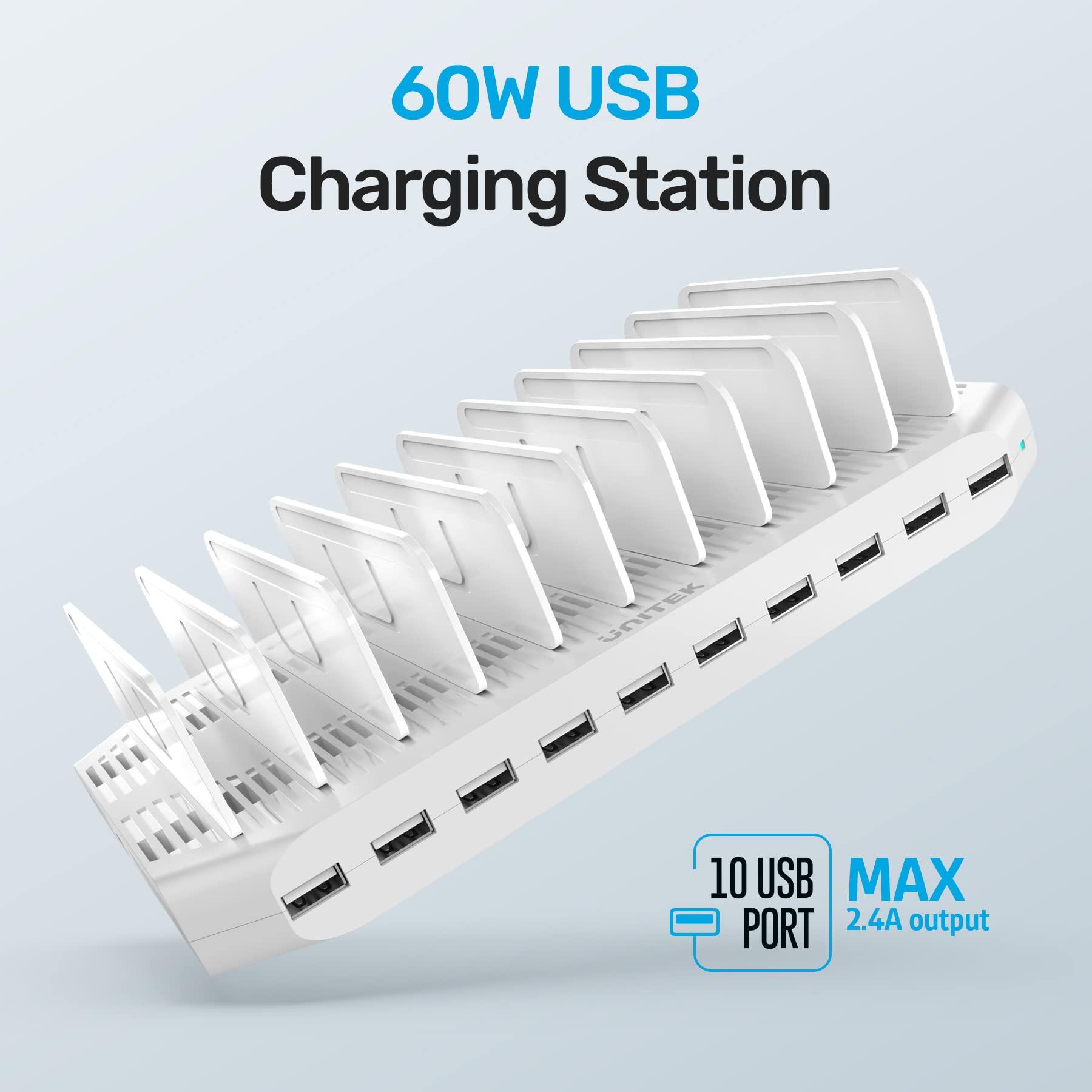 Unitek Unitek Multi Charging Station, 10-Port USB Charger for Multiple Device with SmartIC Tech and Adjustable Dividers, Organizer Stand Compatible with iPad, Tablet, Kindle, iPhone