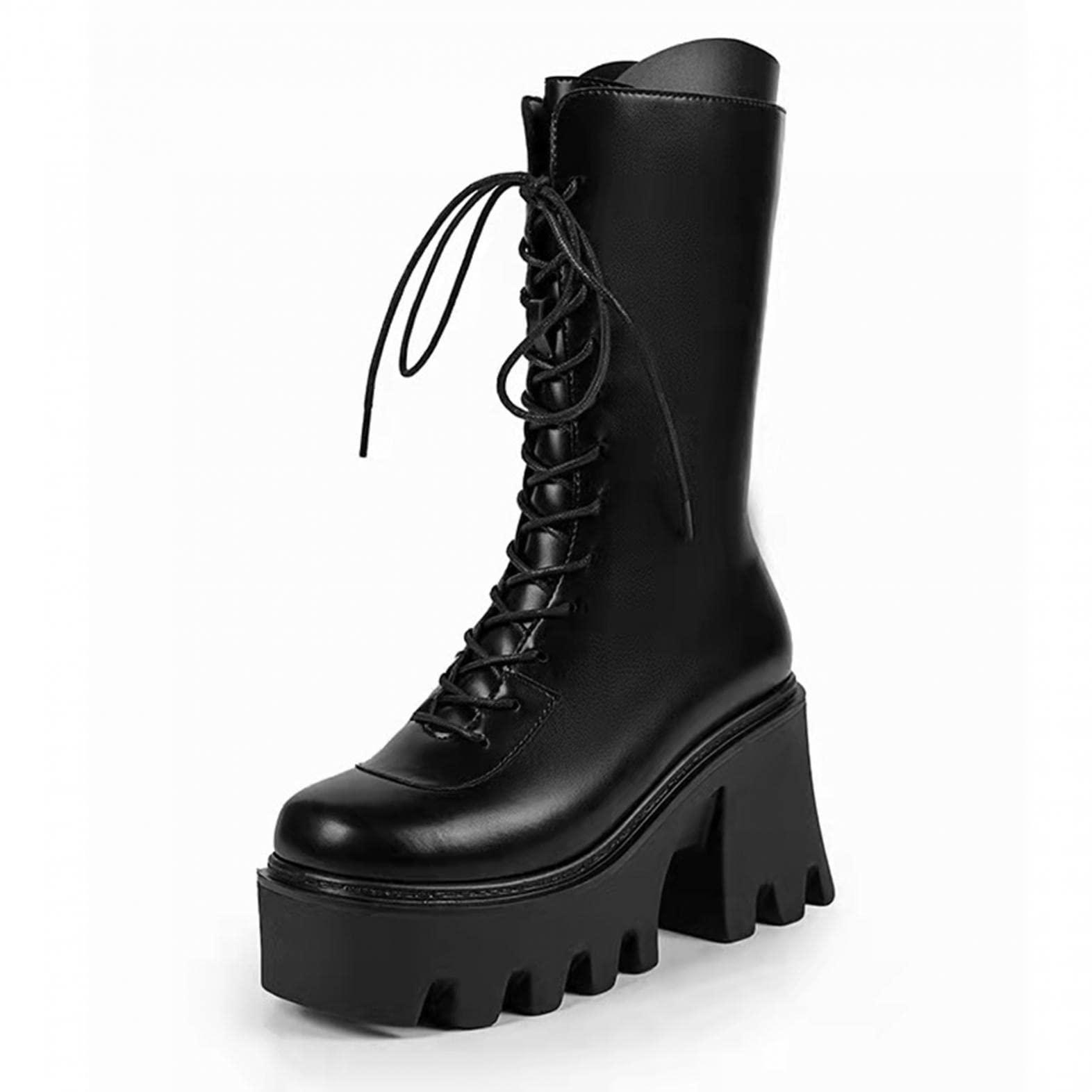 Bcshiye Bcshiye Womens Platform Mid Calf Wedges Booties Winter Chunky Platform High Heel Square Toe Lace up Punk Combat Boots