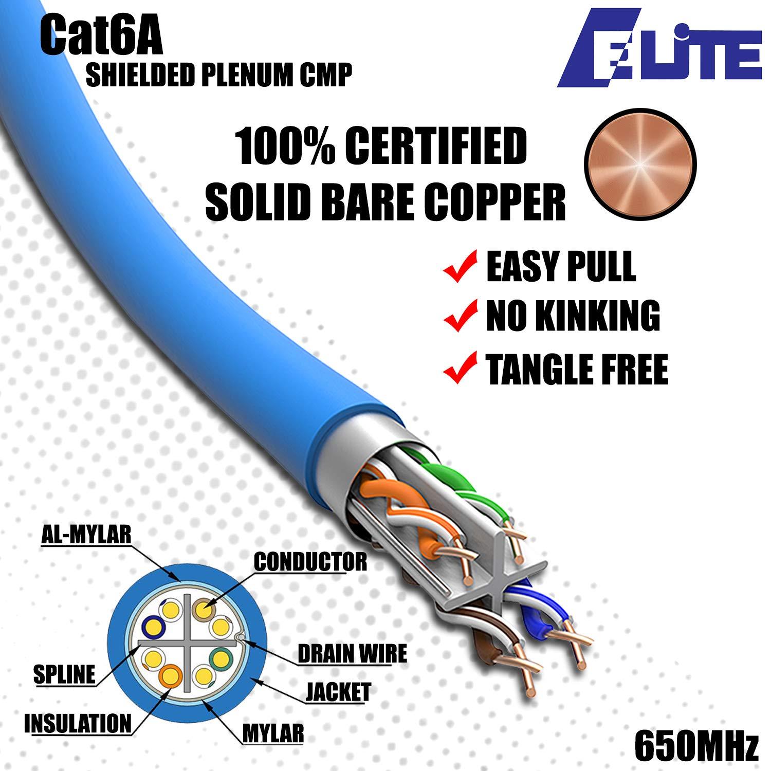 Elite CAT6A Shielded Plenum (CMP), 1000ft, FTP 23AWG, Solid, Pure Copper, 650MHz, 10Gb, UL Certified, UL-LP Certification, Bulk Ethernet Cable Reel in Green