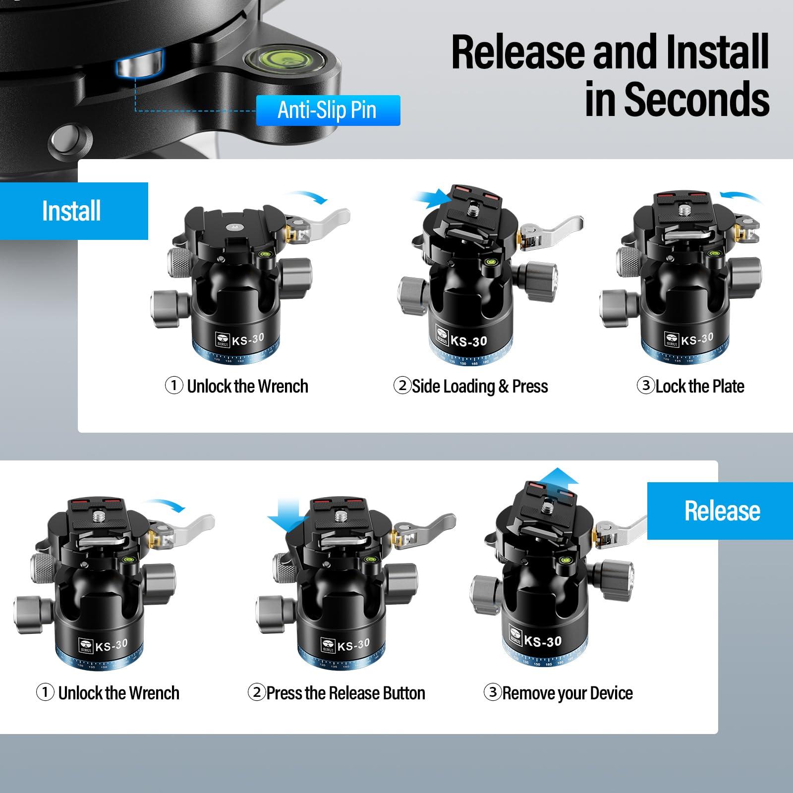 Sirui SIRUI 36mm Low Profile Ball Head KS-30, 360 Double Panoramic Aluminium Alloy Tripod Head for Camera, Camcorder, Professional Heavy Duty Ball Head for Tripod, Monopod, Camera Slider, Max Load 20KG