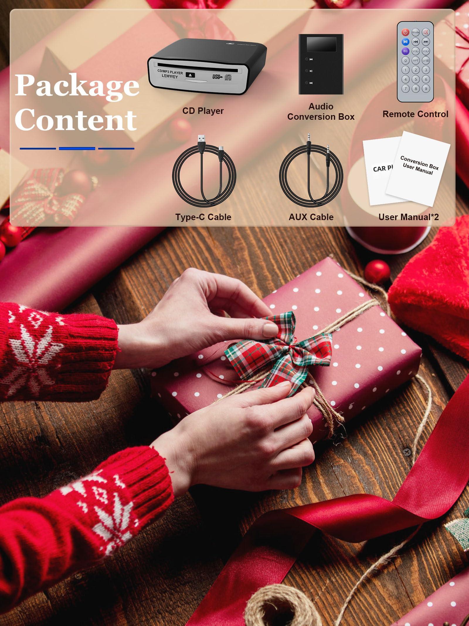 Lehwey External Universal CD Player for Car - LEHWEY Portable CD Player with Extra USB Extension Cable, Plugs into Car USB Port, Laptop, TV, Mac, Computer, for Android 4.4 and Above Navigation