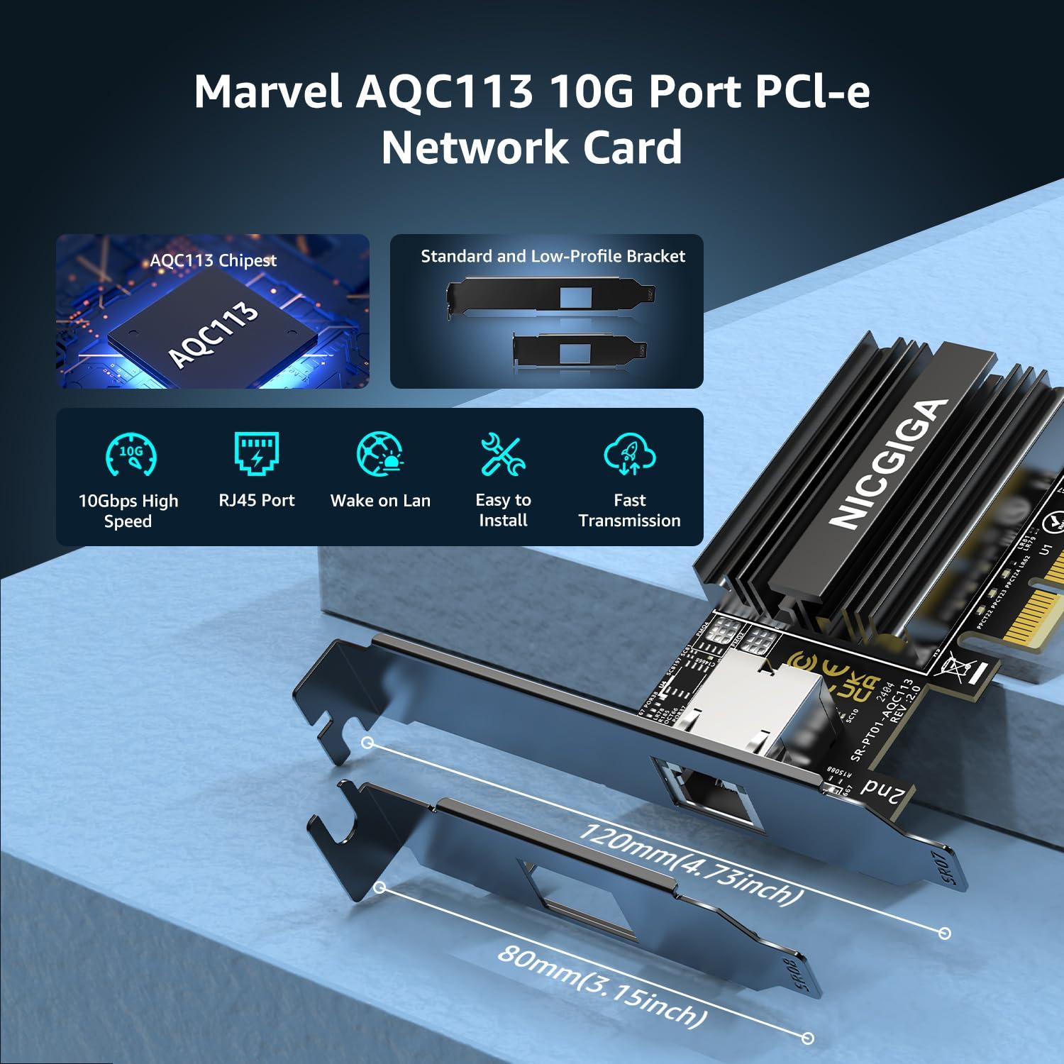 NICGIGA 10G Base-T PCI-e Network Card, Marvell AQC113 Controller, NICGIGA 10Gb Ethernet Adapter Support WOL, 10Gbe RJ45 Port NIC Card, Windows10/11/Windows Server/Linux