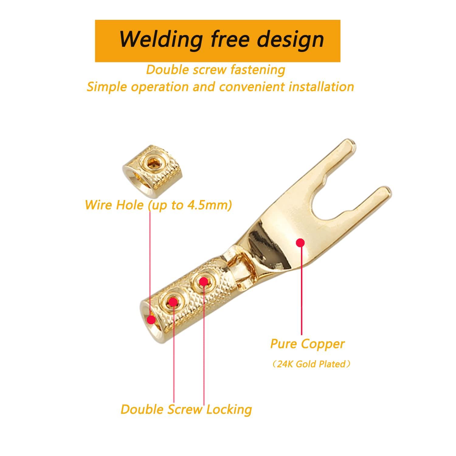 Tertullus Tertullus 8 Pcs Pure Copper Speaker Spade Connectors Y Plug Spade Speaker Wire Connectors 45 Degree Gold Plated Screw Locking Adapter Fork Spade Plugs for Speaker Wire DIY
