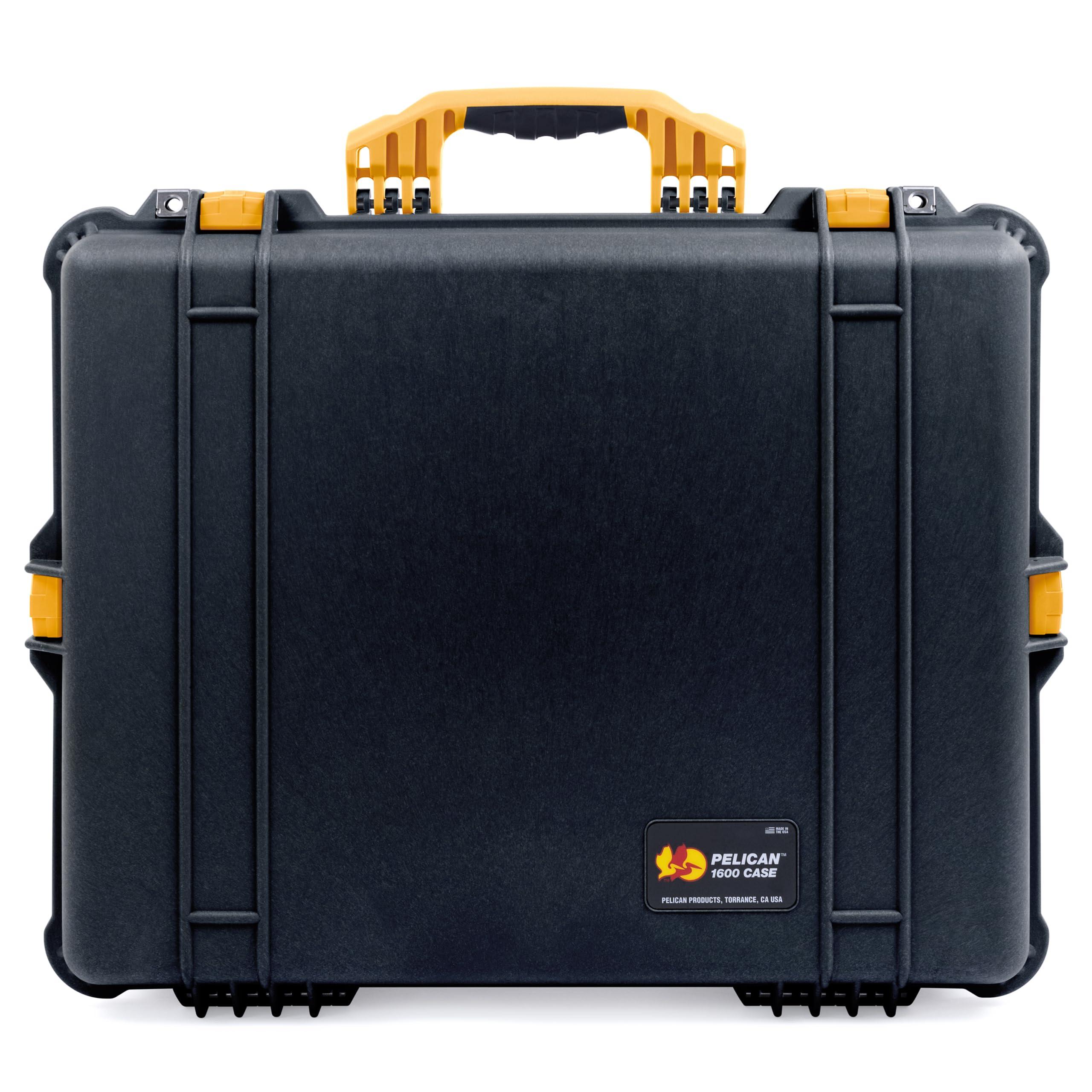 ColorCase Pelican 1600 Case by ColorCase - Black - Large Size Waterproof Case with Pick & Pluck Foam Set & Convoluted Lid Foam - Yellow Handle & Latches