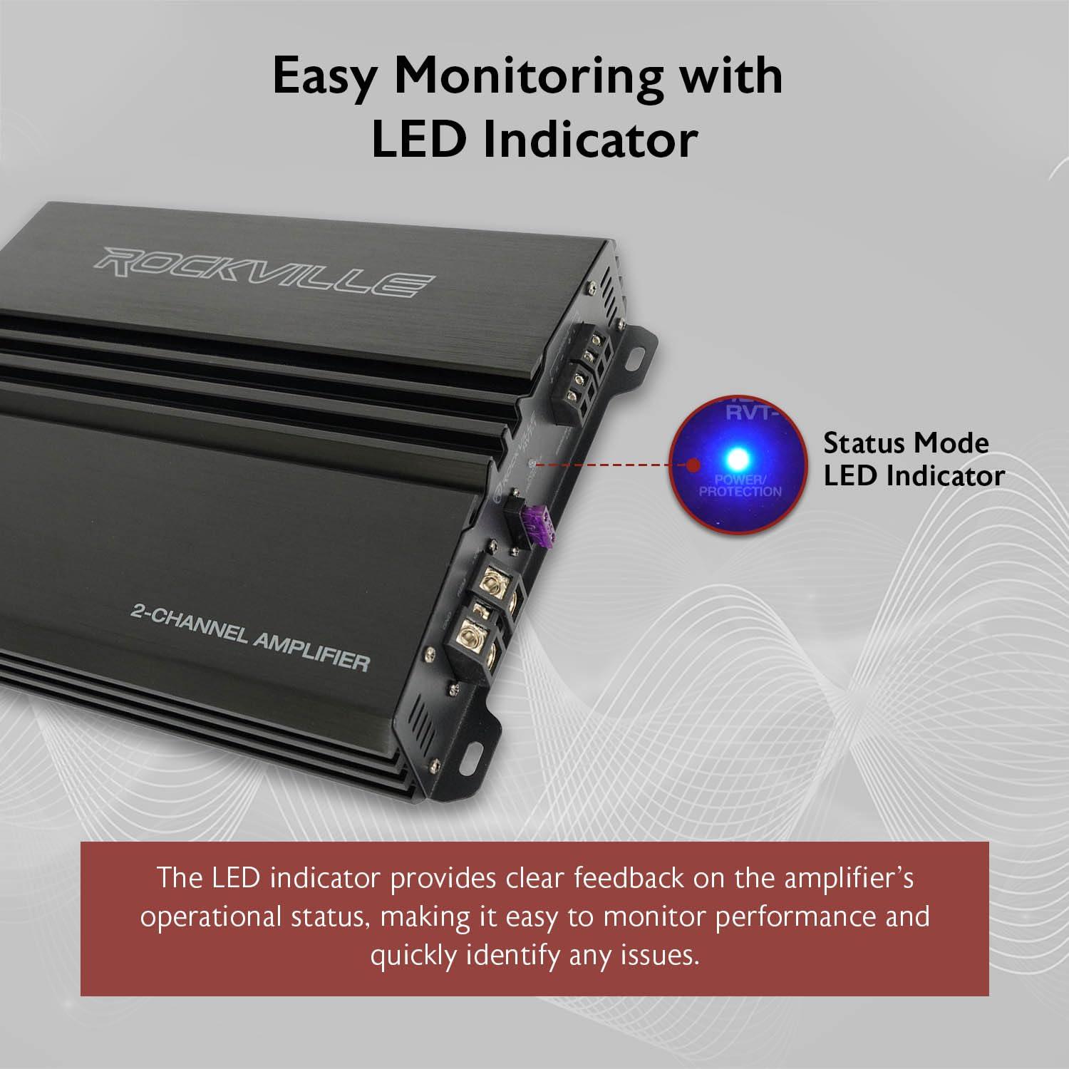 Rockville Rockville RVT-1 2-Channel Car Amplifier, 1000W Peak/250W RMS, Class-AB, MOSFET Power Supply, Bass EQ, Crossover, Perfect for Subwoofers and Car Audio