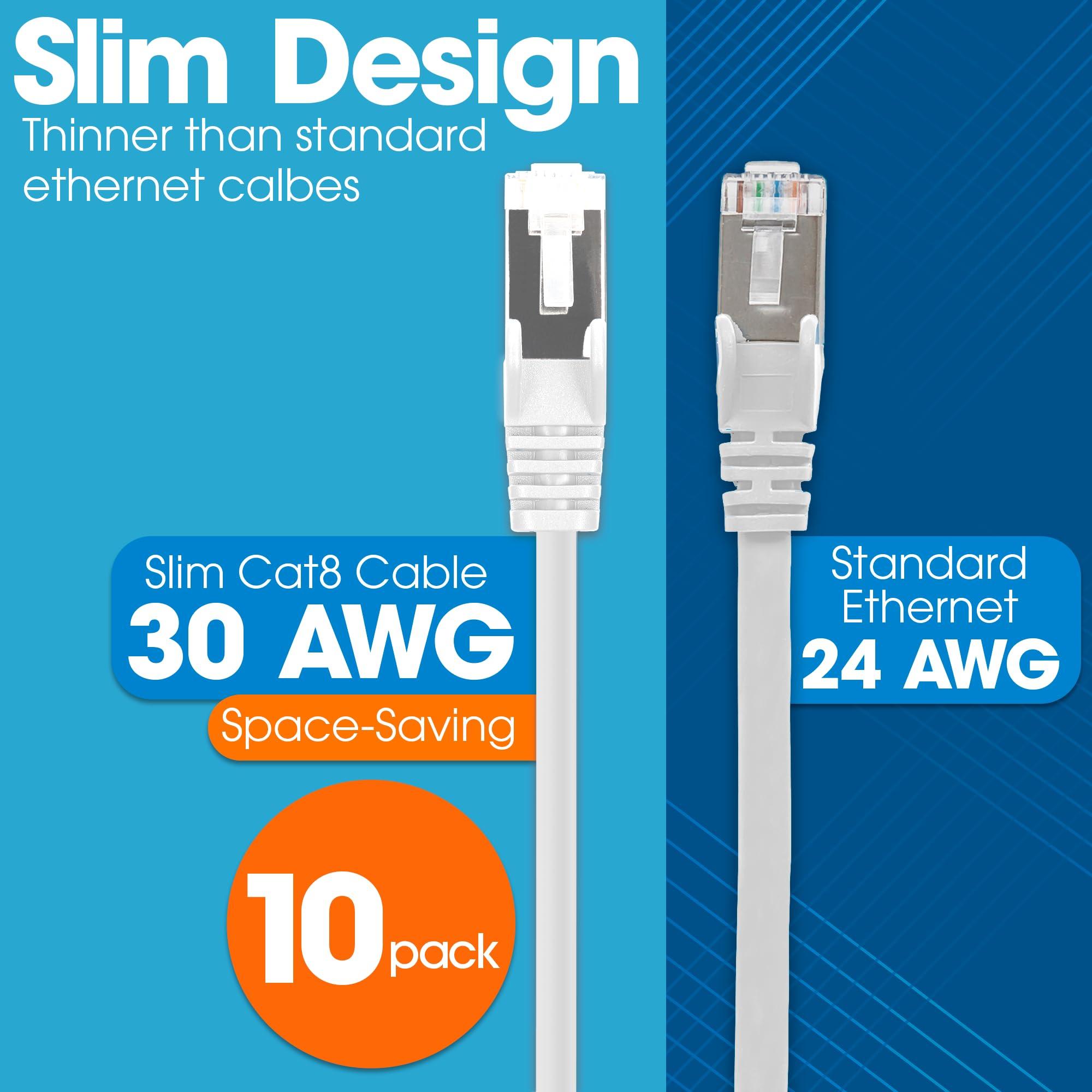 Intellinet Intellinet Slim Cat8 Ethernet Network Patch Cable 10-Pack - 40Gbps & 2000MHz, Snagless Boot, 30AWG Pure Bare Copper Wire, Gold-Plated Contacts, Lifetime Mfg Warranty 5ft, 10 Pack, White