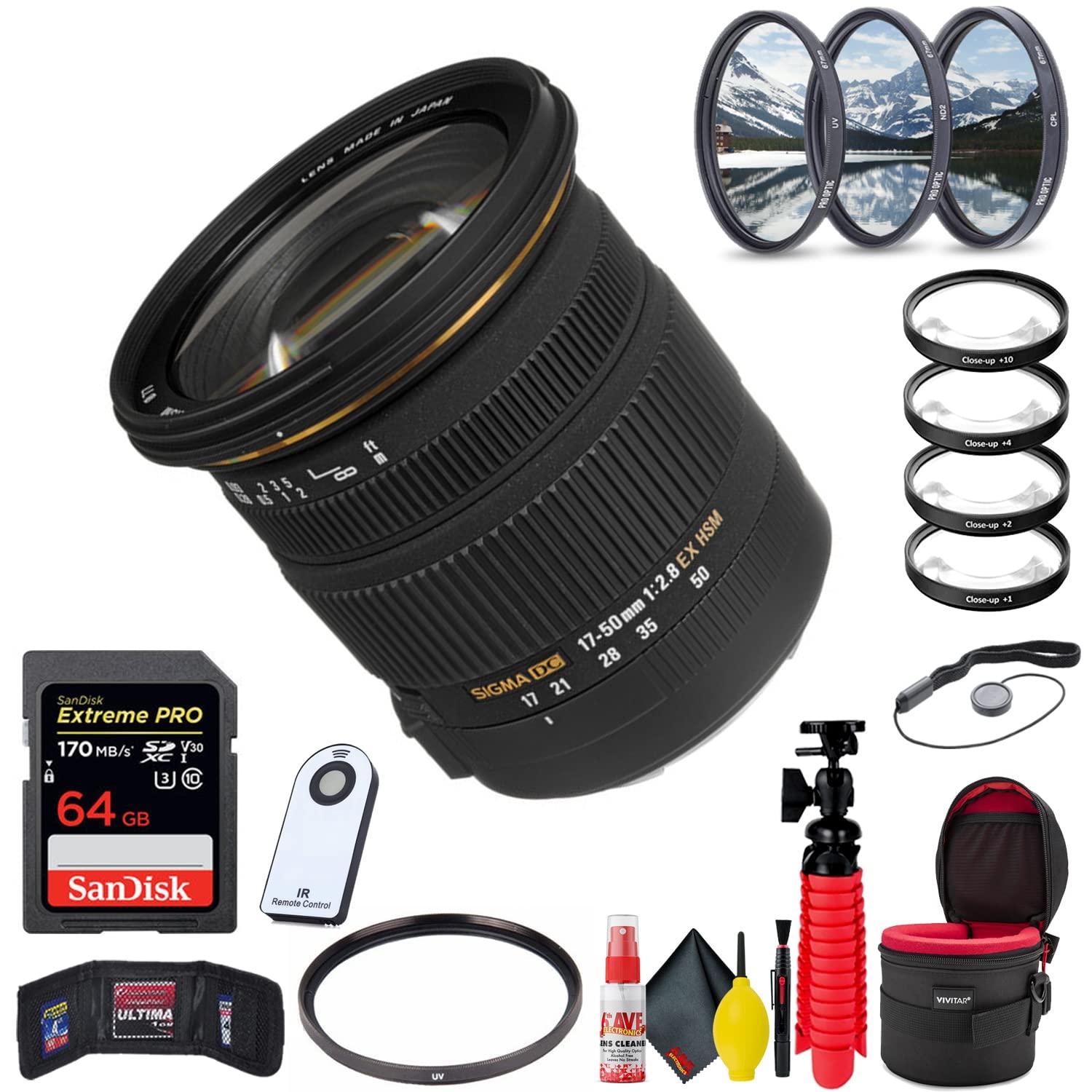 Sigma Sigma 17-50mm f/2.8 EX DC OS HSM Lens for Canon EF + 64GB Sandisk Extreme Pro SD Card (Extreme Bundle) with Accessories