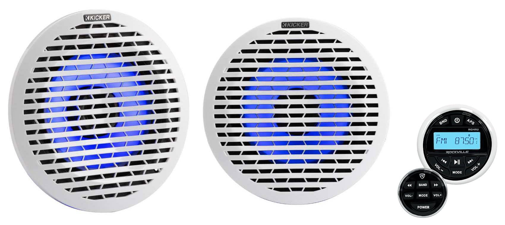 Audiosavings Audiosavings Bundle: (2) Kicker Thin Mount 60w Marine Boat Speakers w/RGB LED KM614FL Bundle with Rockville RGHR2 Marine Gauge Hole Receiver w Bluetooth USB, Radio + Wired Remote (3 Items)