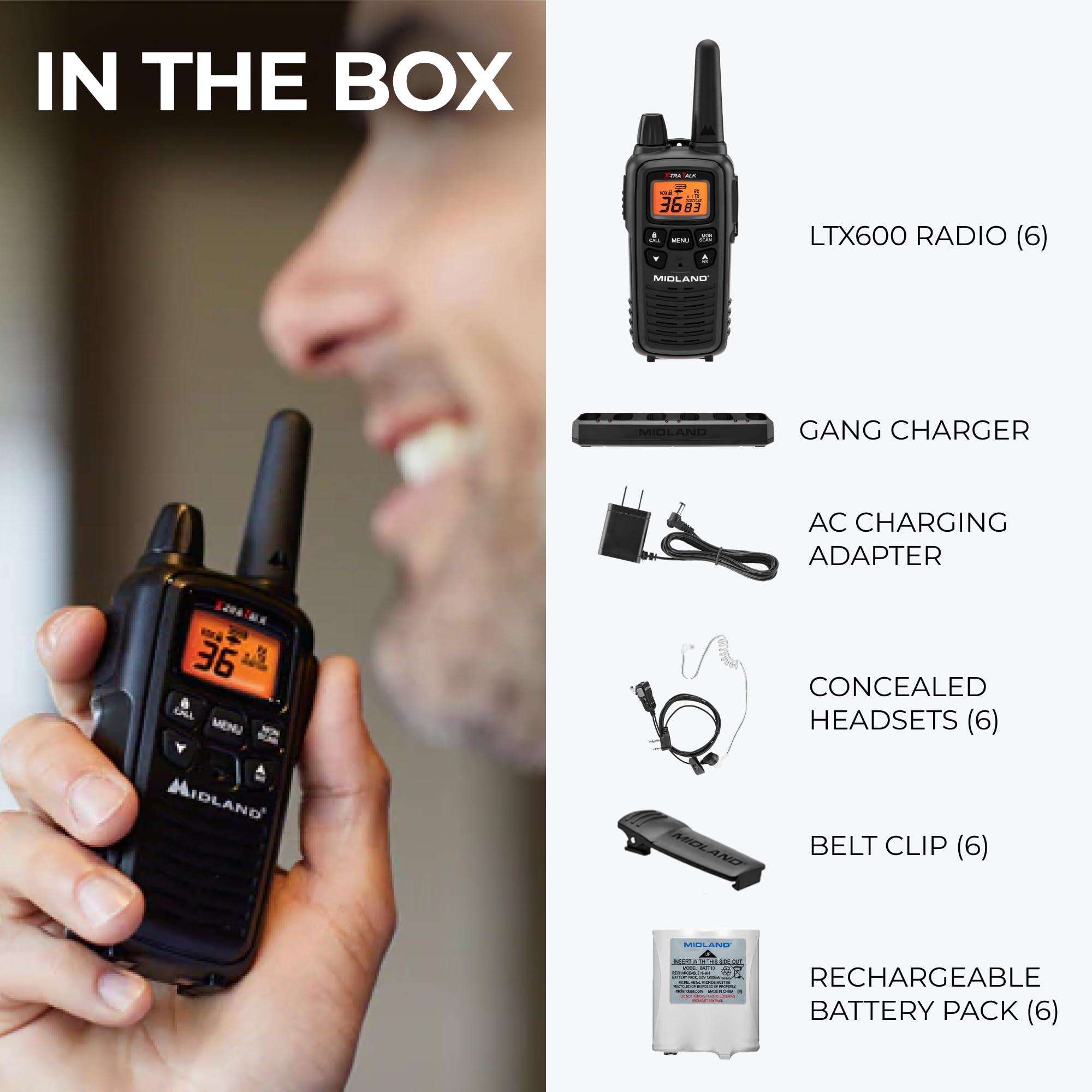 Midland LXT600BBX6 Midland LXT600BBX6 FRS Business Walkie Talkies - Long Range 36-Channel Two-Way Radios with Headsets and Charging Base, NOAA Weather Alerts (6-Pack, Black)