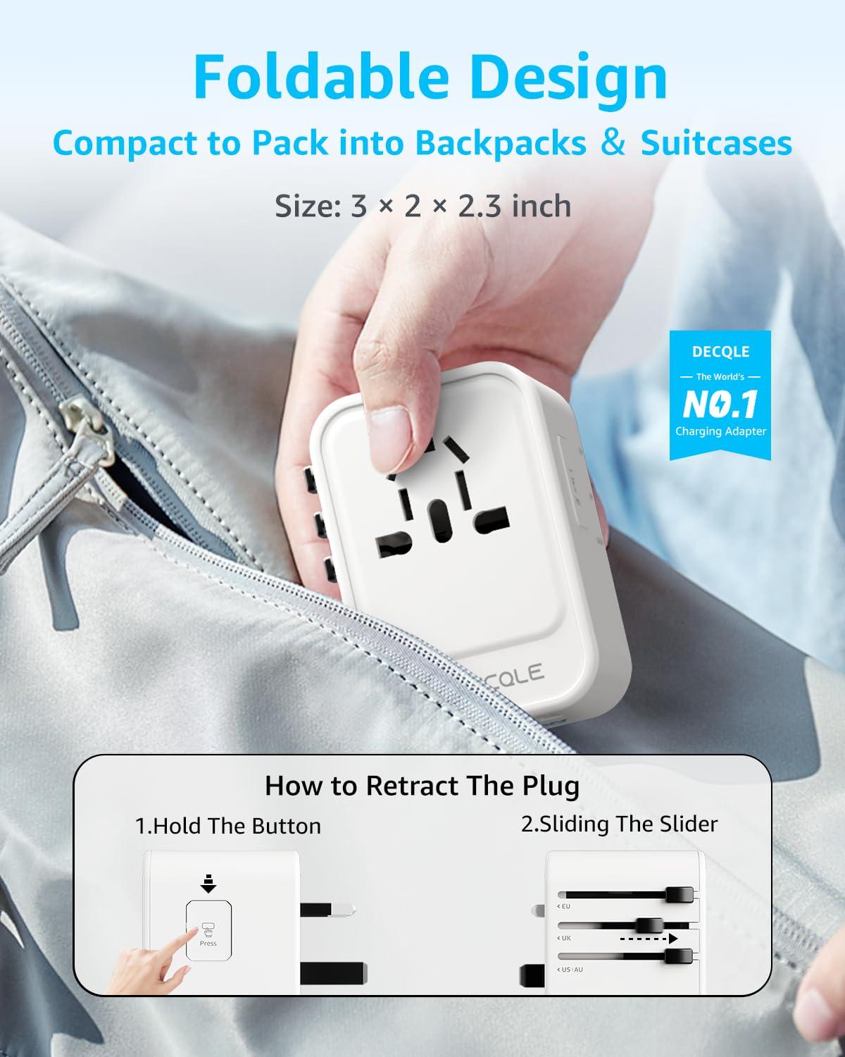decqle decqle Universal Travel Adapter, International Travel Plug Adapter with 2 USB-C(PD 20W) 1 USB-A Ports, All in One Portable Adaptor, for USA, UK, EU, AU 224+ Countries (White) US