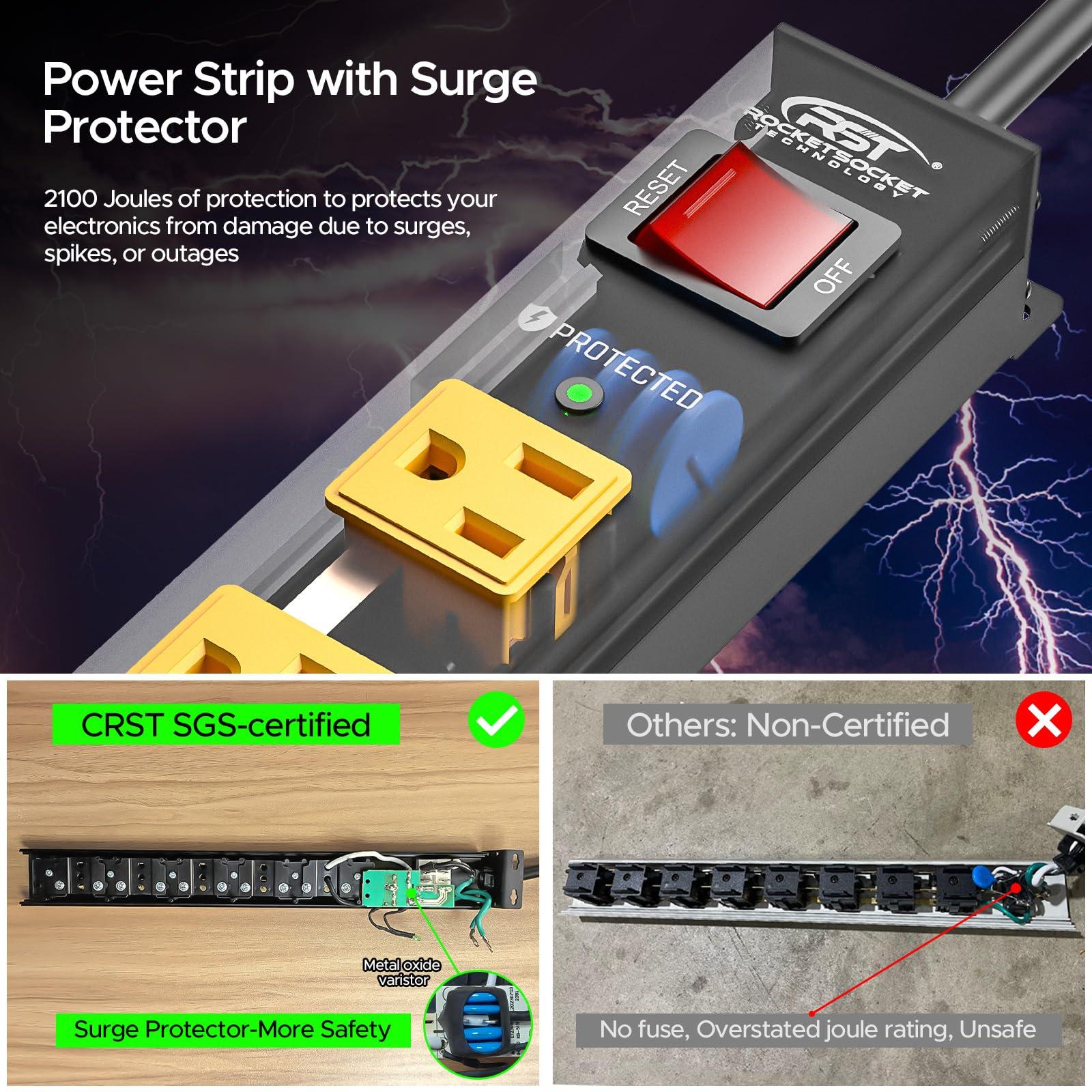 CRST CRST 8 Outlet Metal Long Power Strip,Heavy Duty Surge Protector 2100J, 6 FT Cord Mountable Wide Spaced Workshop Garage Power Strip, 15amp/1875W