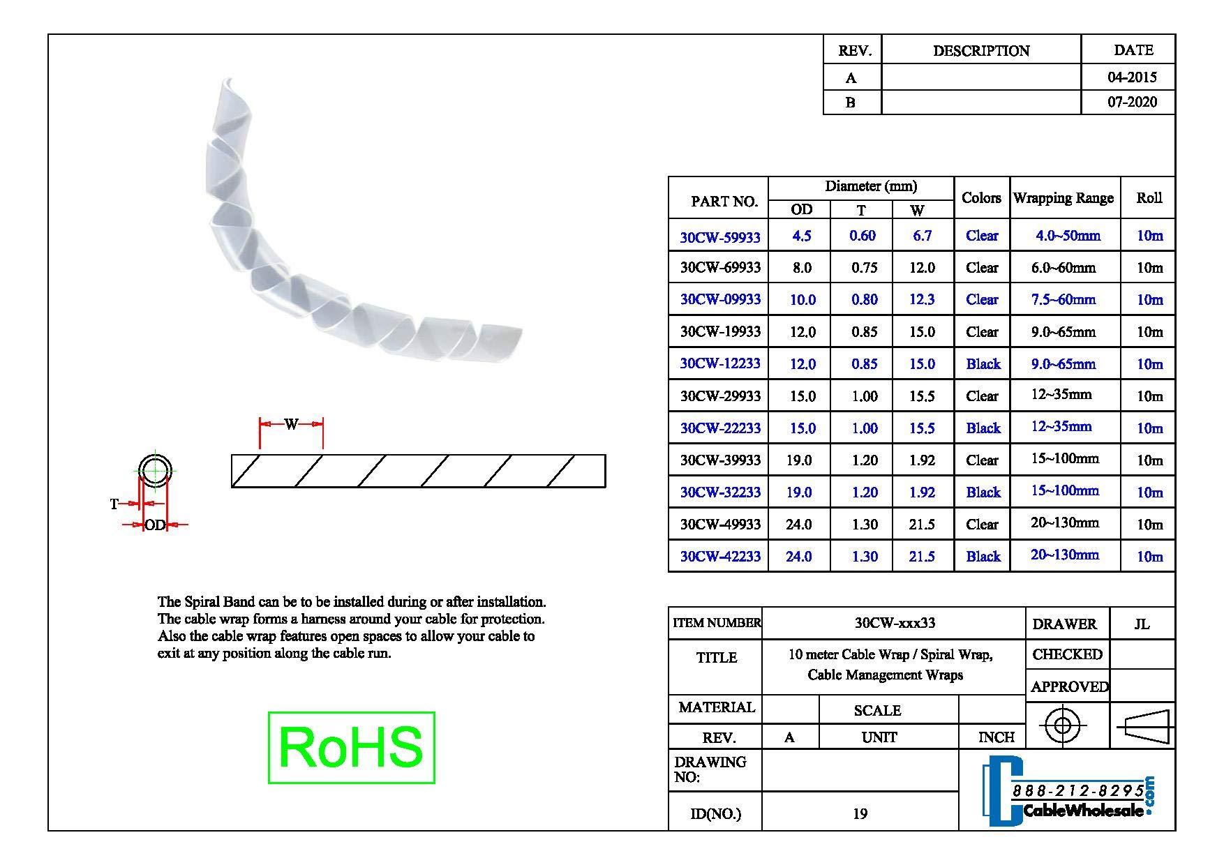 CableWholesale Cable Wholesale 10 Meter Cable Wrap/Spiral Wrap, Clear, Diameter: 12mm - 70mm, Cable Management Wraps