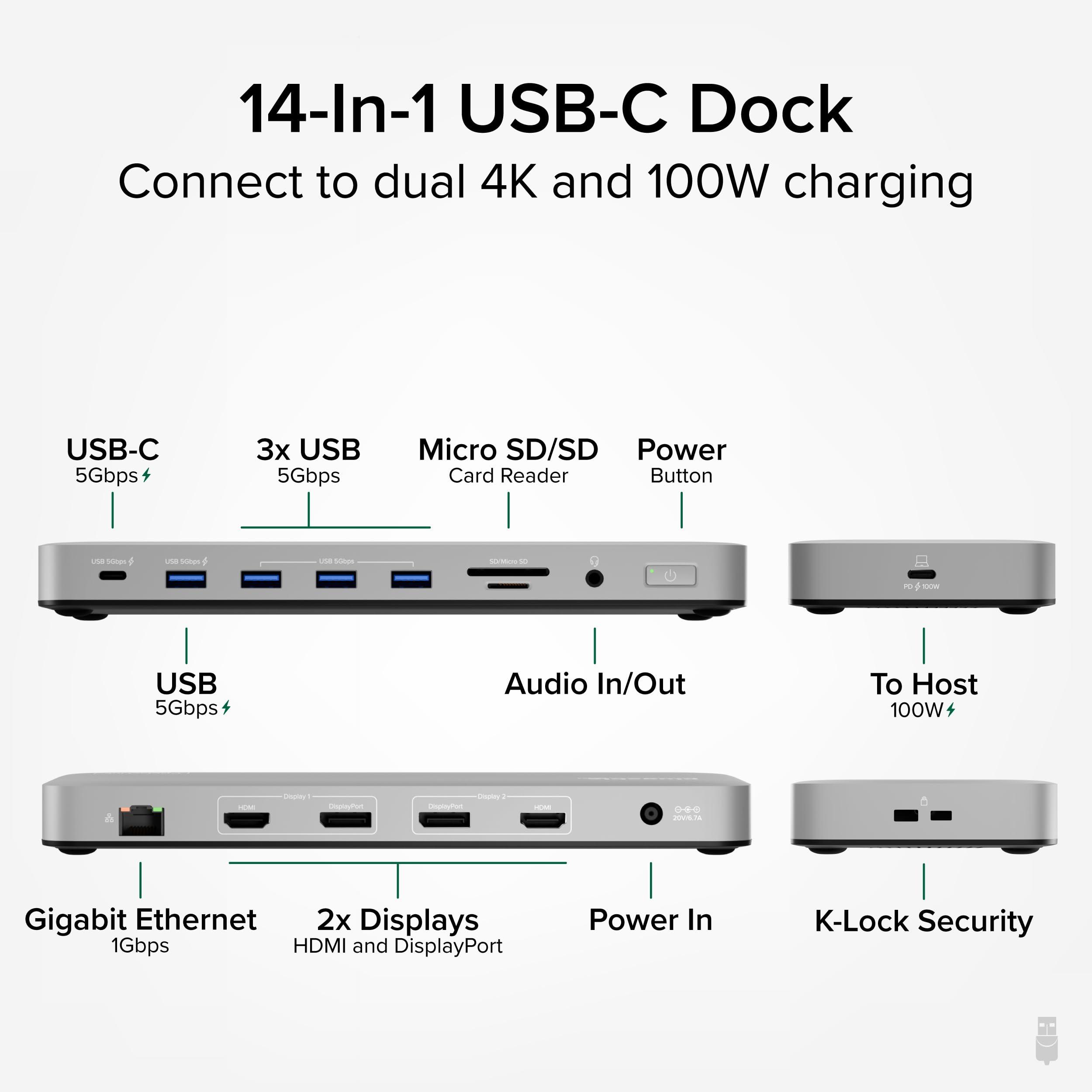 Plugable Plugable USB C Laptop Docking Station, Dual Monitor 4K 60Hz for Apple Mac M1/M2/M3/M4, 2X HDMI or 2X DisplayPort, 100W Charging DisplayLink Dock, 2 Displays for MacBook, Driver Required (UD-6950PDH)