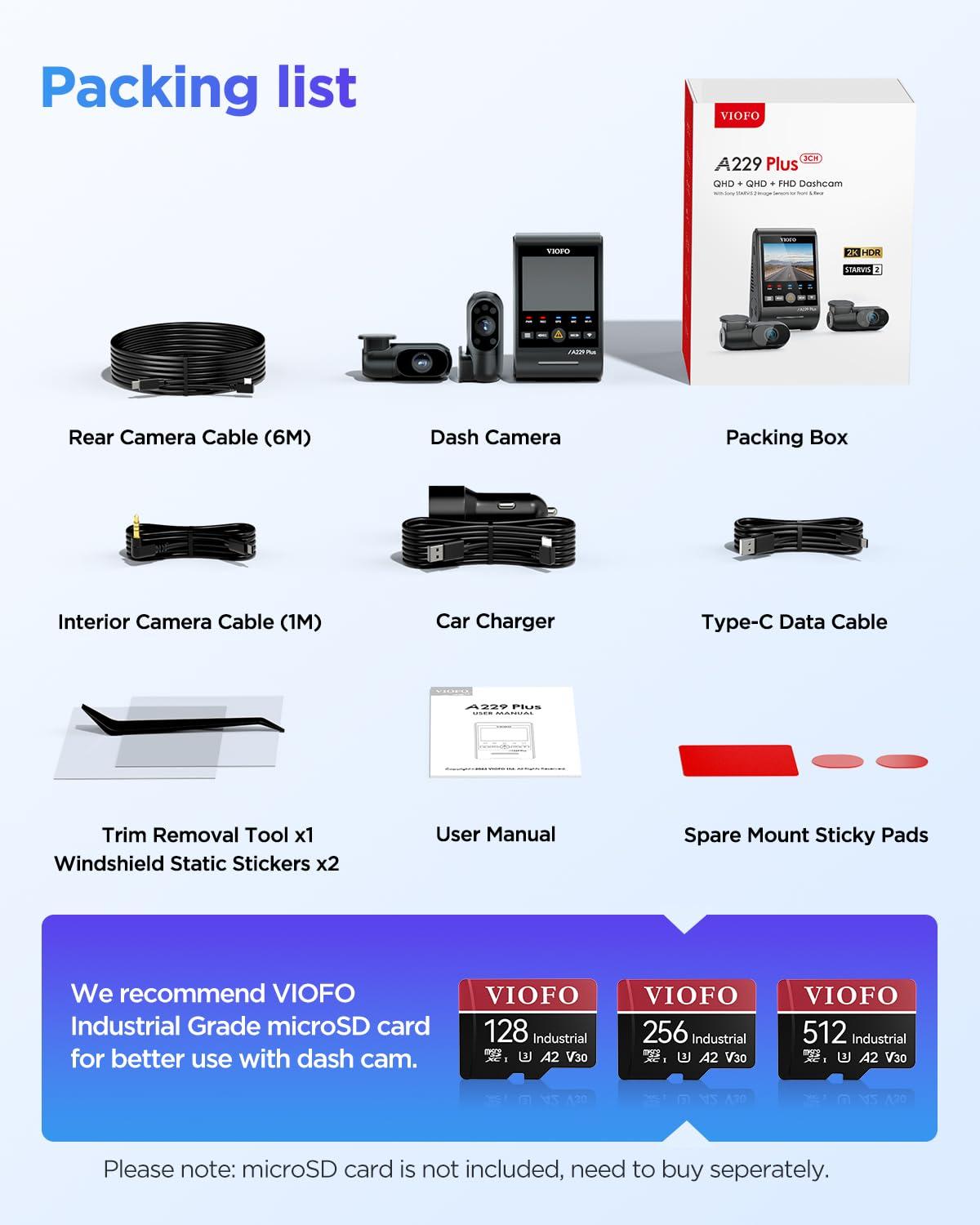 VIOFO VIOFO A229 Plus 3 Channel Dash Cam, Dual STARVIS 2 Sensors, 3-Channel HDR, 1440P+1440P+1080P Front Inside and Rear Car Camera, 5GHz Wi-Fi, Voice Control, Ultra-Precise GPS, 24 Hours Parking Mode