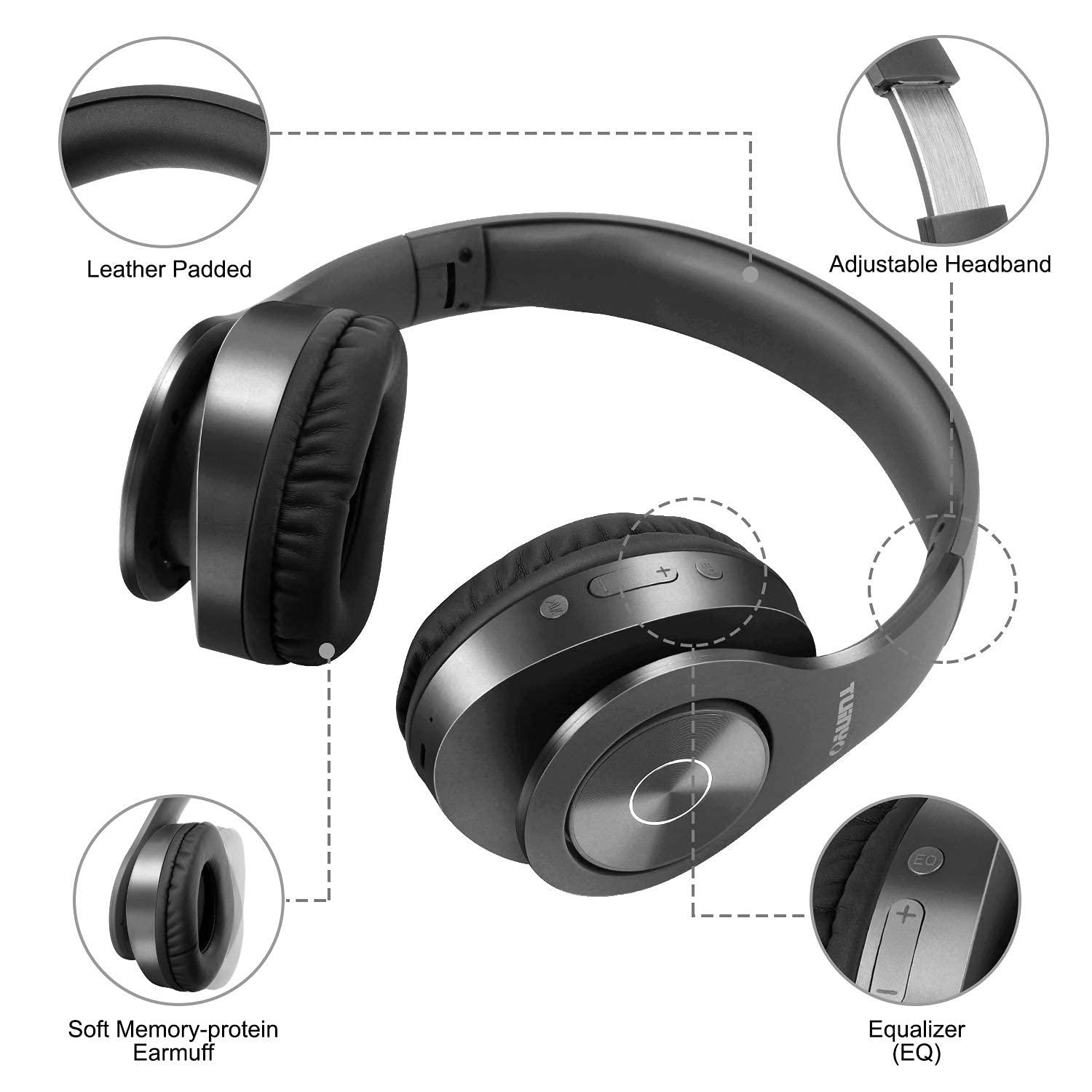 TUINYO TUINYO Bluetooth Headphones Wireless, Over Ear Stereo Wireles Headset 40H Playtime with deep bass, Soft Memory-Protein Earmuffs, Built-in Mic Wired Mode PC/Cell Phones/TV-Dark Grey