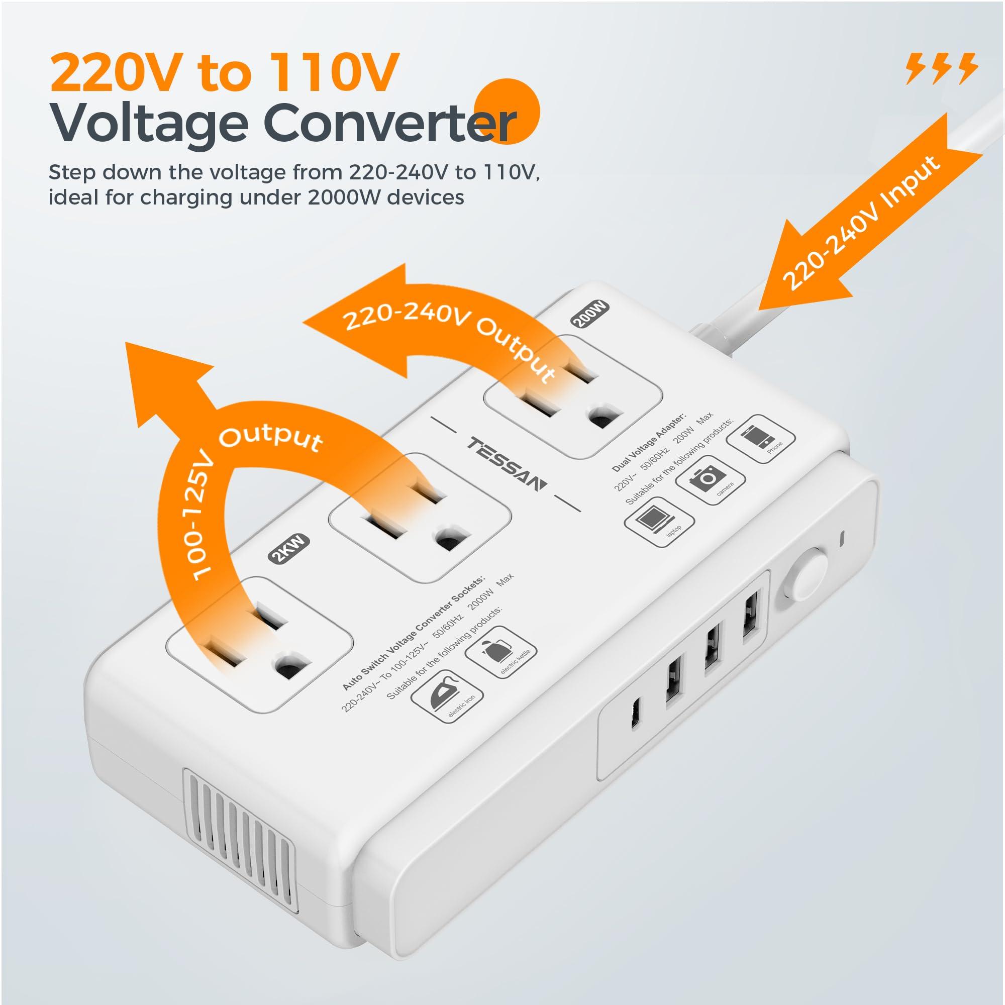 TESSAN 220V to 110V Voltage Converter, TESSAN Universal Travel Adapter with 4 USB Charger (1 USB C), 3 AC Sockets and EU/UK/AU/IT Plug Power Adaptor, Step Down Transformer Outlet Converters for International