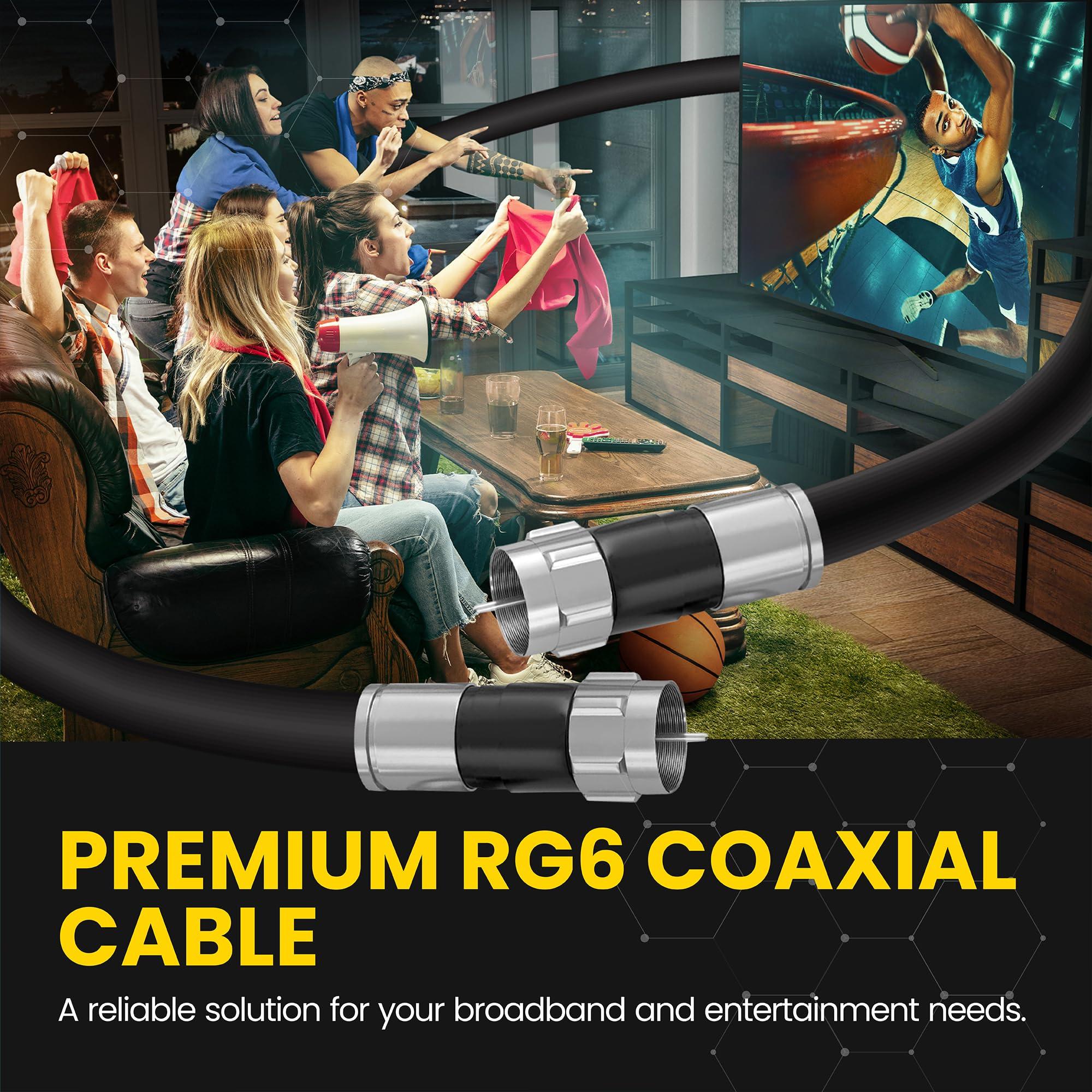 Cable Communications RG6 Coaxial Cable with F Connectors, High Speed Internet and TV Cord for HD TV, Xfinity, Satellite, Antenna, Cable Extension, WiFi Modem Cable (Black, 30ft)
