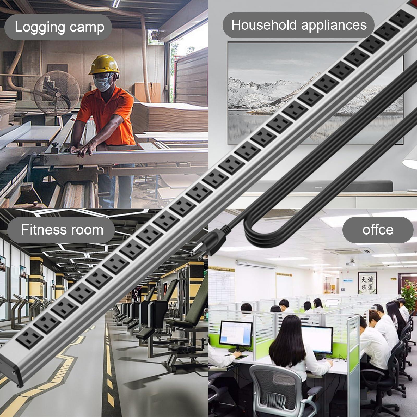 oviitech 24 Outlets Extra Long Power Strip,Heavy Duty Metal Socket Power Strip,Metal Power Strip with 15-Foot Extension Power Cord,ETL Certified