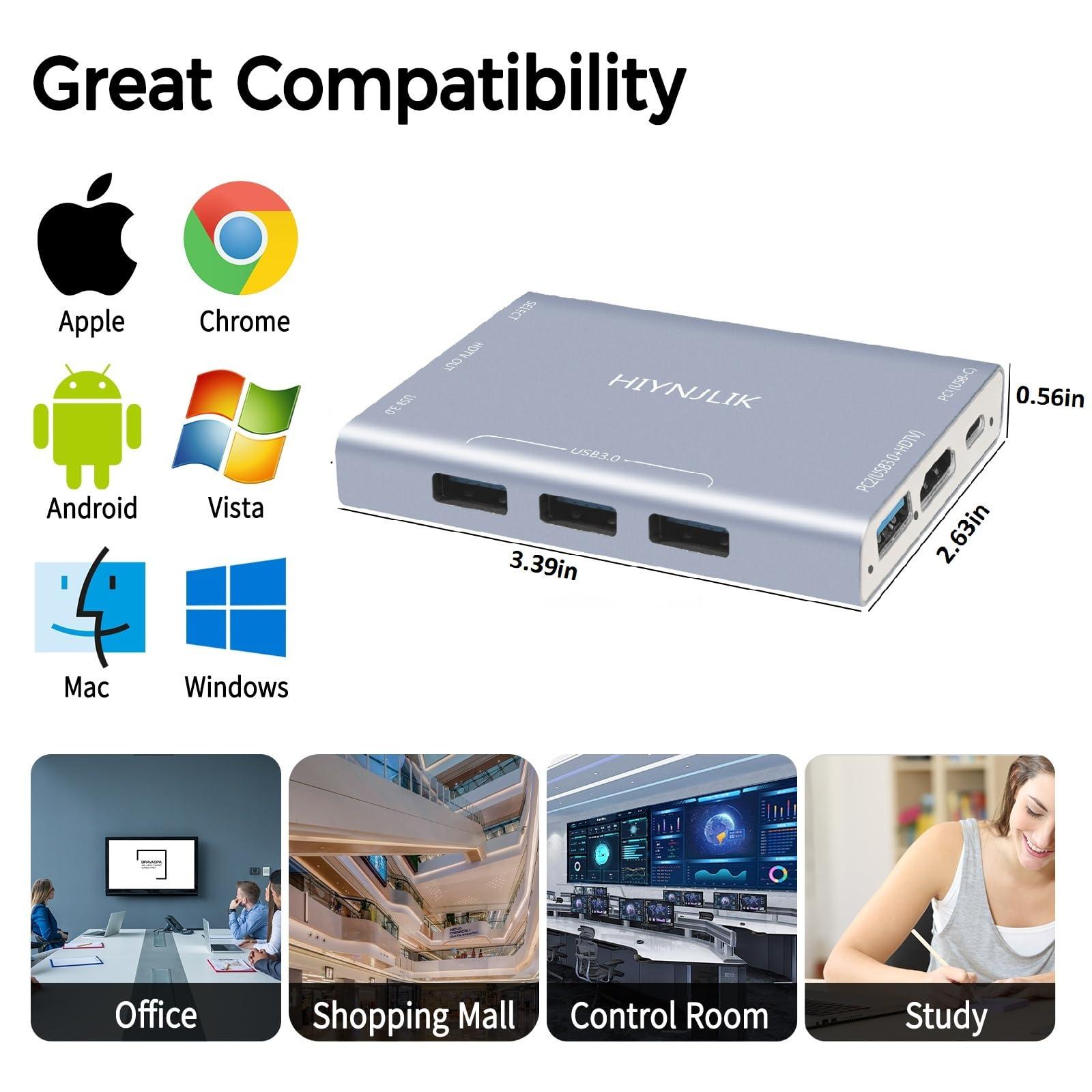 HIYNJLIK USB3.0 HDMI and USB-C KVM Switch for 2 Computers Share 1 Monitor and 4 USB Ports(3 USB A 3.0+1 USB C 3.0),Button for One-Click Switch Between Laptop and Desktop,No External Power Needed