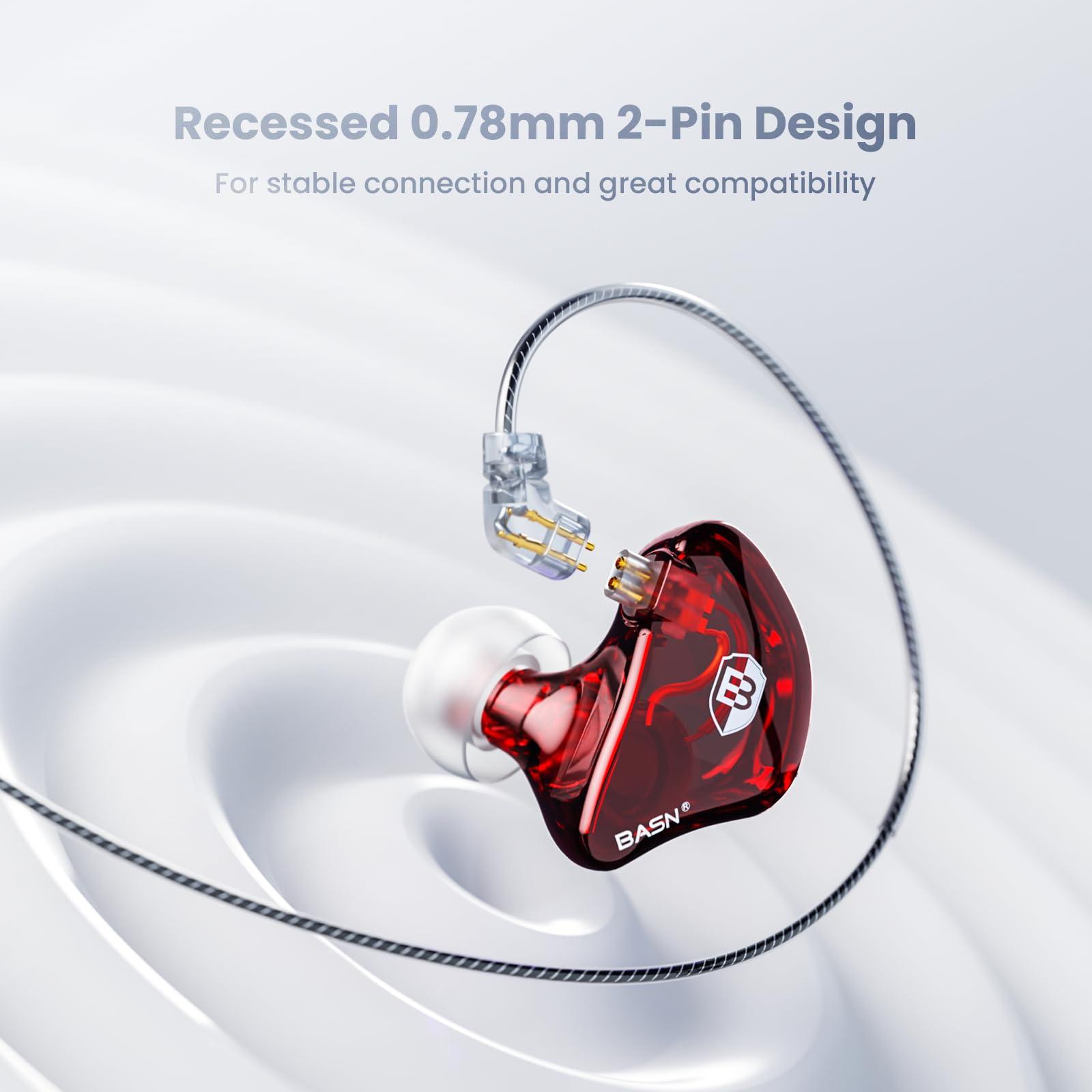 BASN BASN Bsinger Professional in Ear Monitor Headphones, Dual Drivers 2-Pin IEM Earbuds with Mic, Clear Sound HiFi Earphones for Musicians Drummers and Stage (Red, 2-Pin)
