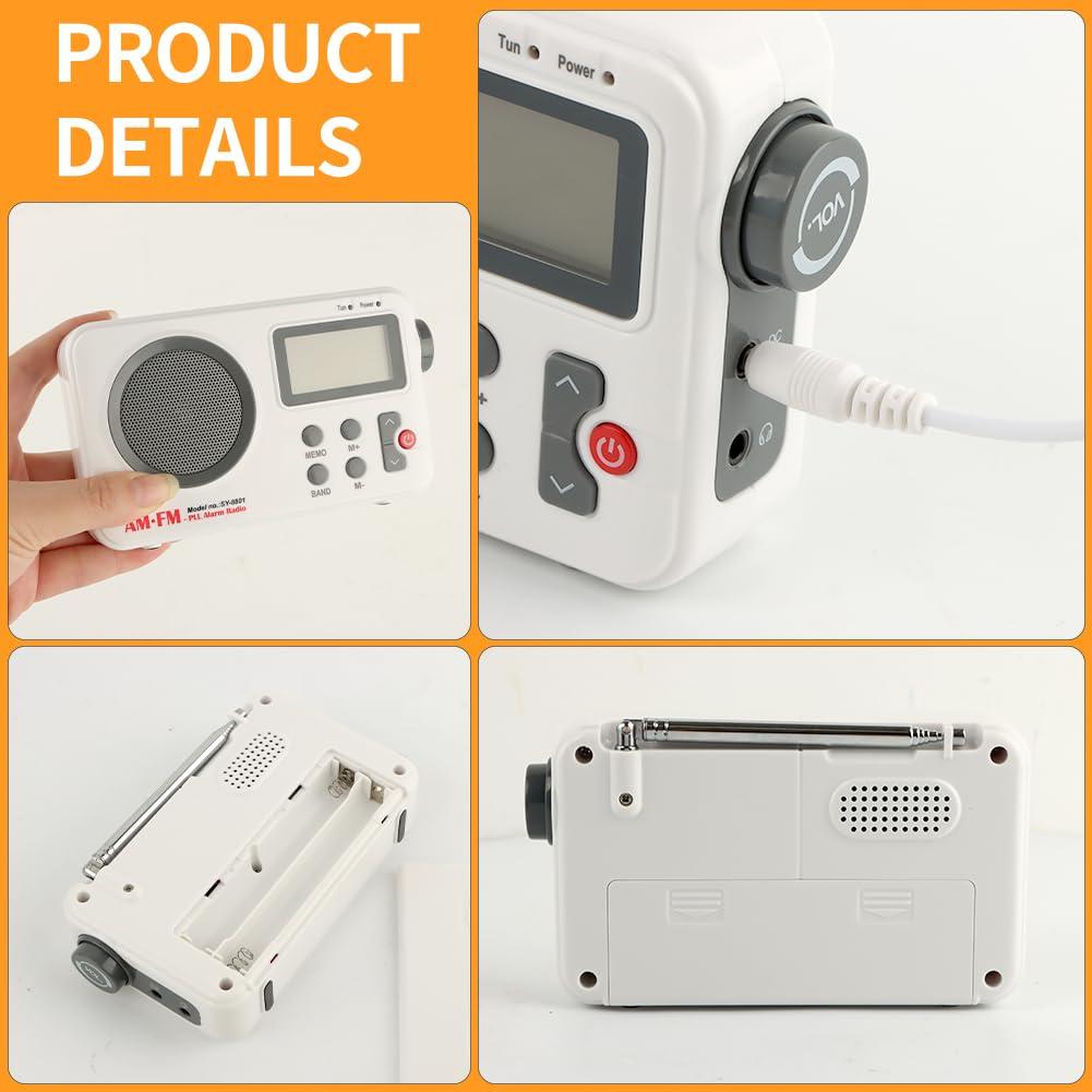 EMVANV Shower Radio Speaker, Portable LCD Display Stereo Radio with AM/FM Radio/RDS System Long Playback Time Radio with Preset 20 Radio Stations for Bathroom, Hot Tub, Outdoor(White)