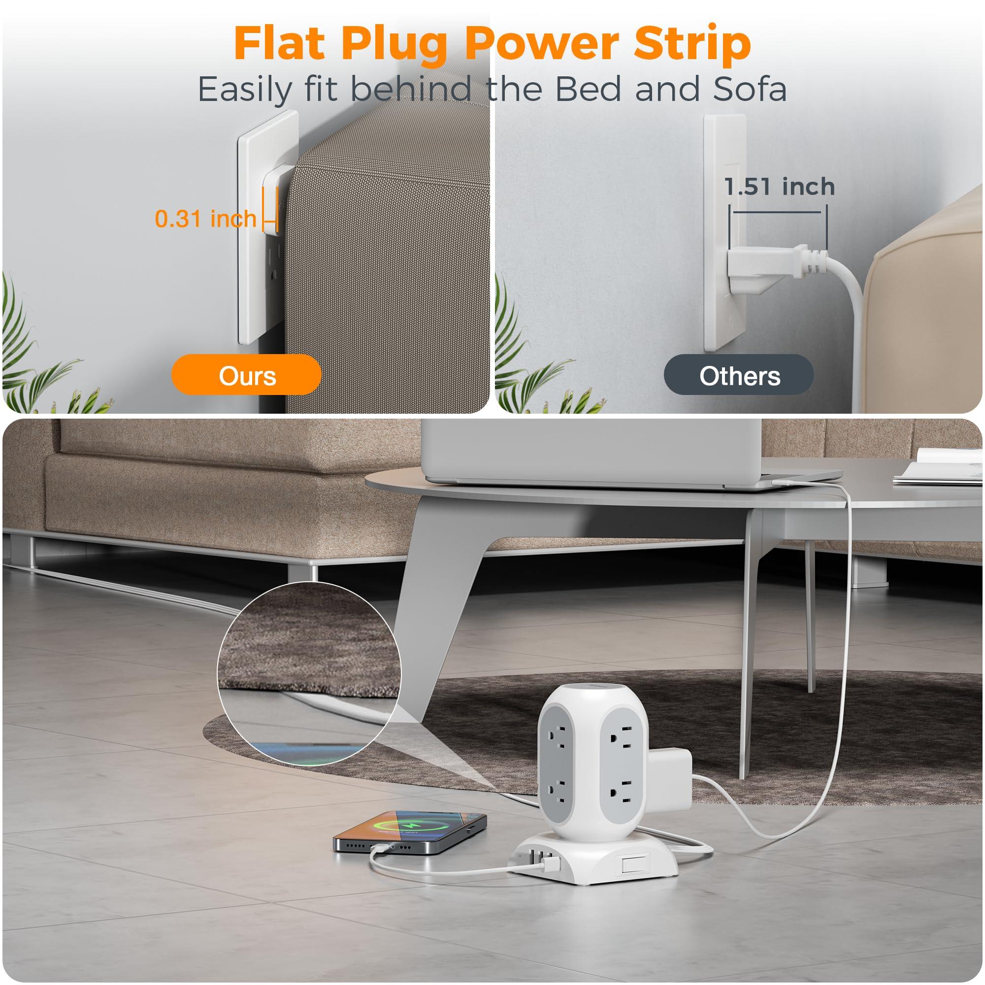 TESSAN Surge Protector Power Strip Tower, TESSAN Flat Plug Extension Cord 10 Ft with 8 AC Multiple Outlets 4 USB Ports (1 USB C), 1050J Protection Desk Charging Station for Home, Office Supplies, Dorm Room