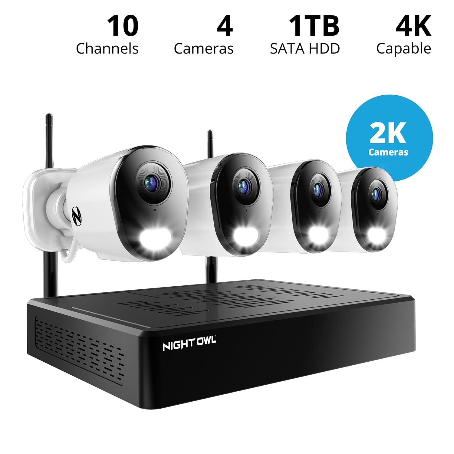 Night Owl Night Owl 10 Channel Bluetooth Video Home Security Camera System with (4) Plug-in Wi-Fi 2K HD Indoor/Outdoor Spotlight Cameras with 2-Way Audio and 1TB Hard Drive (Expandable up to 10 Cameras)