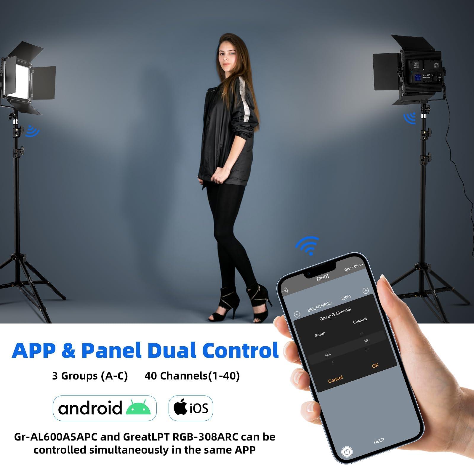 GreatLPT GreatLPT 50W 600 LED Photography Lighting with APP Control & Stand Kit, 3200K-5600K Dimmable CRI 96+ TLCI 97+ CQS 96+, 1800 Lux/1m, Bi-Color Video Light for Studio/Video Recording/Streaming/Film