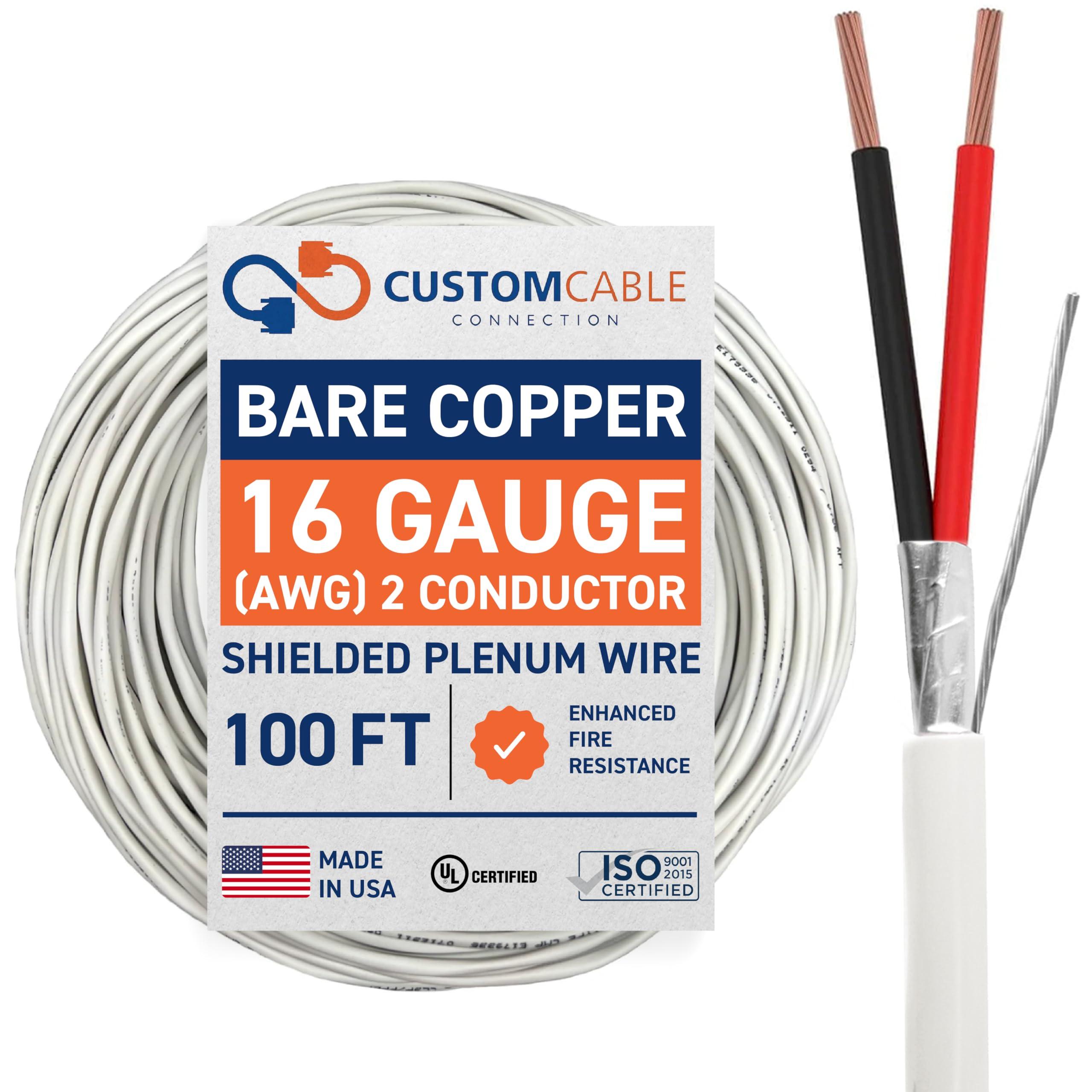 Custom Cable Connection Custom Cable Connection 16 AWG 2 Conductor Stranded Shielded Plenum Cable White CL3P Jacket for Security/Alarm/Access Control/Sound - 100 Foot Roll in a bag