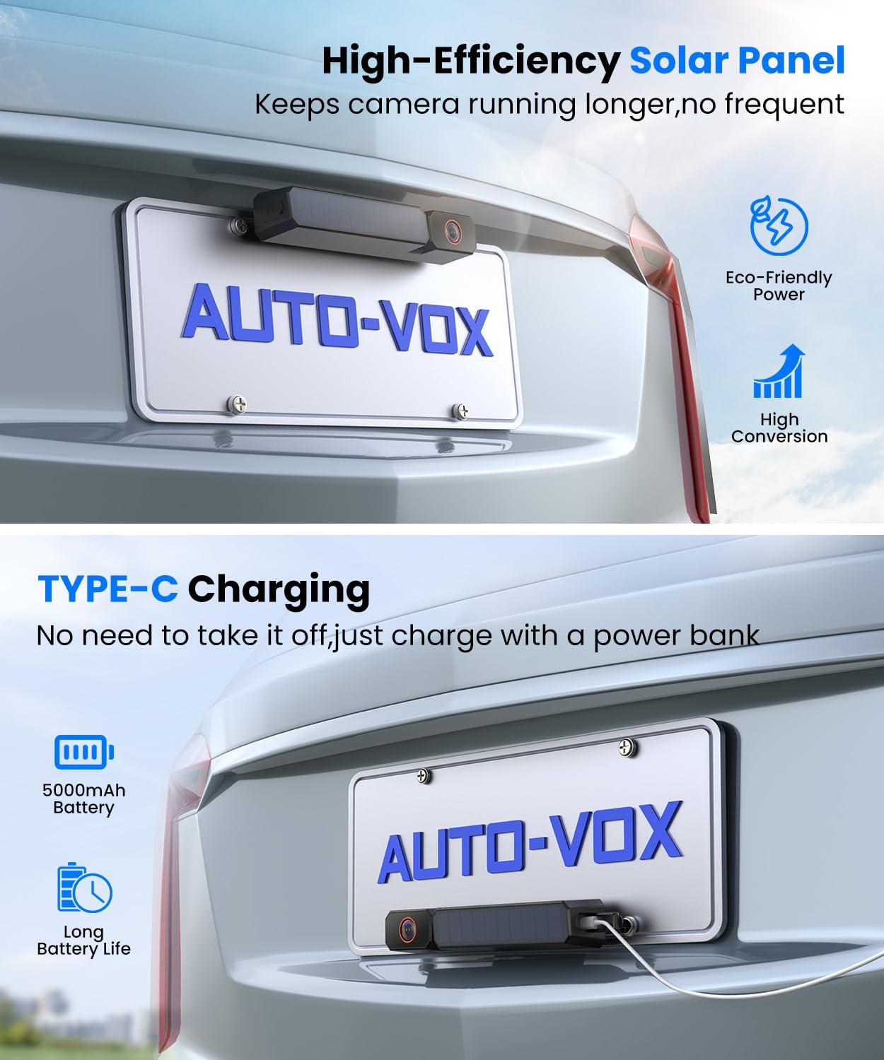 AUTO-VOX AUTO-VOX Solar Wireless Backup Camera with 5" 1080P Monitor: 5000mAh Battery 2 Mins DIY Installation & 2 Split Screen Back Up Camera, IP69K Waterproof Reverse Camera for Car, Van, SUV, Truck, Trailer