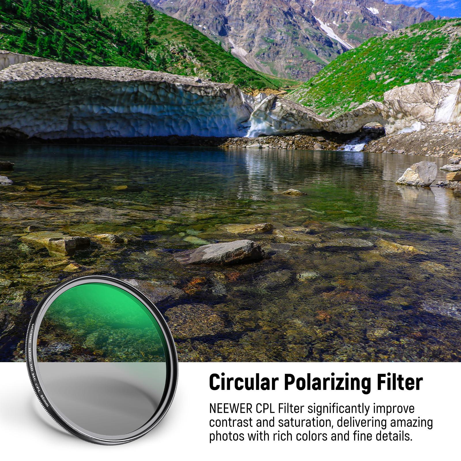 Neewer Neewer 86mm Polarizing Filter, 24 Layer Multi Resistant Nano Coated MC CPL Circular Polarising Filter, HD Optical Glass Polarizer/Ultra Slim/Reduce Reflection/Enhance Contrast/Reduce Glare
