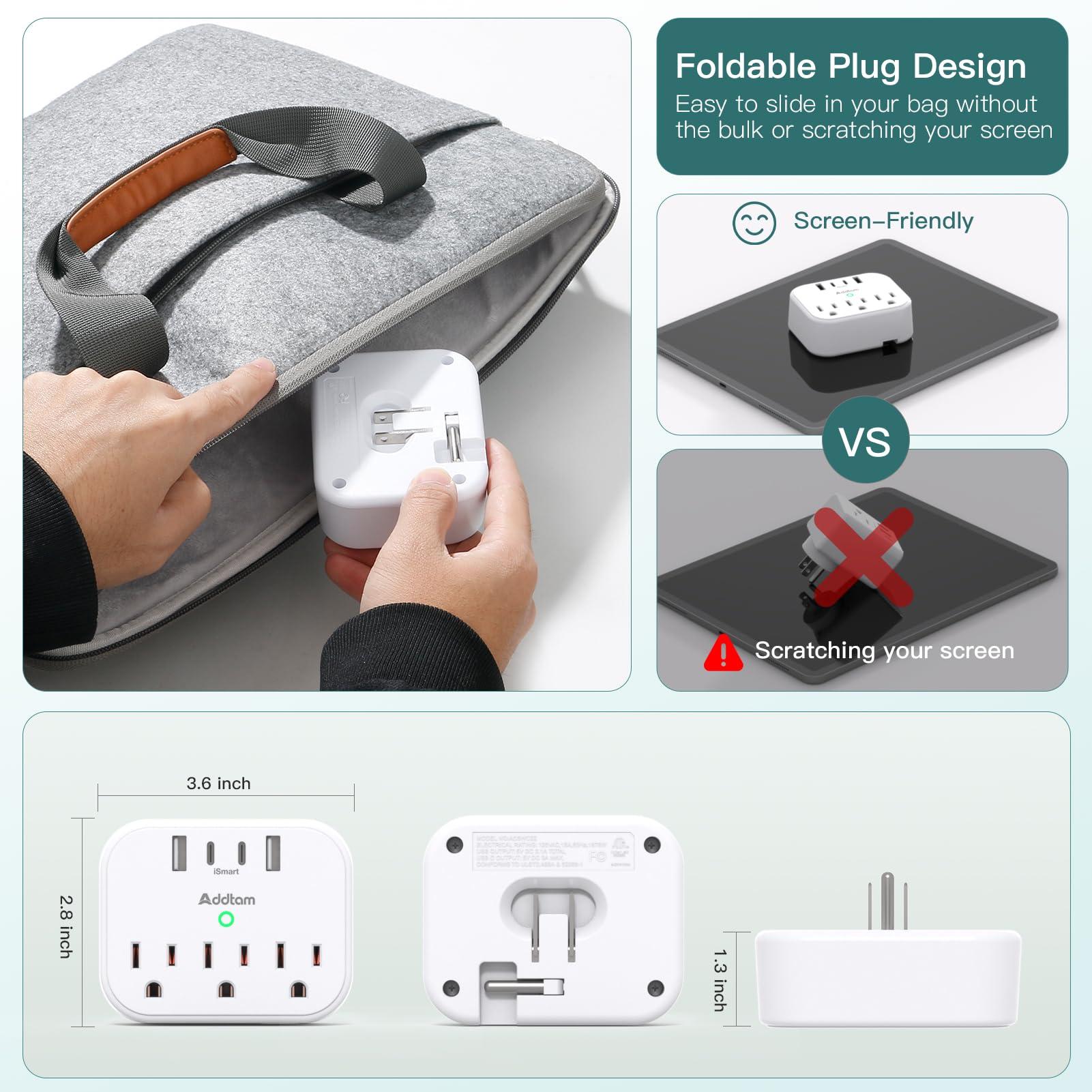 Addtam Cruise Ship Essentials - Cruise Approved Power Strip Non Surge Protector, Travel Plug Adapter with 3 Outlets 4 USB (2 USB-C), Foldable Outlet Extender for Travel Cruise Must Have