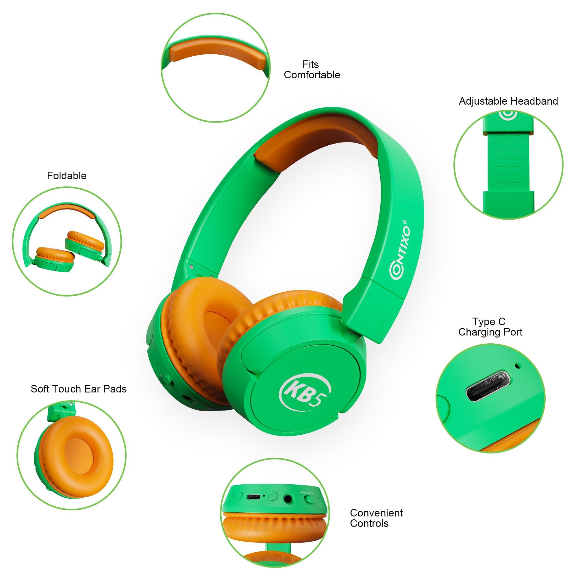 Contixo Contixo KB-5 Kids Headphones - Over The Ear Foldable Bluetooth Wireless Headphone for Kids - 85dB with Volume Limited - Toddler Headphones for Boys and Girls (Green+Orange)