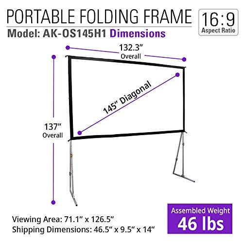 AKIA SCREENS Akia Screens 145 inch Portable Outdoor Projector Screen with Stand and Bag 16:9 8K 4K Ultra HD 3D Adjustable Height Foldable Projection Screen Silver for Movie Video Home Theater AK-OS145H1