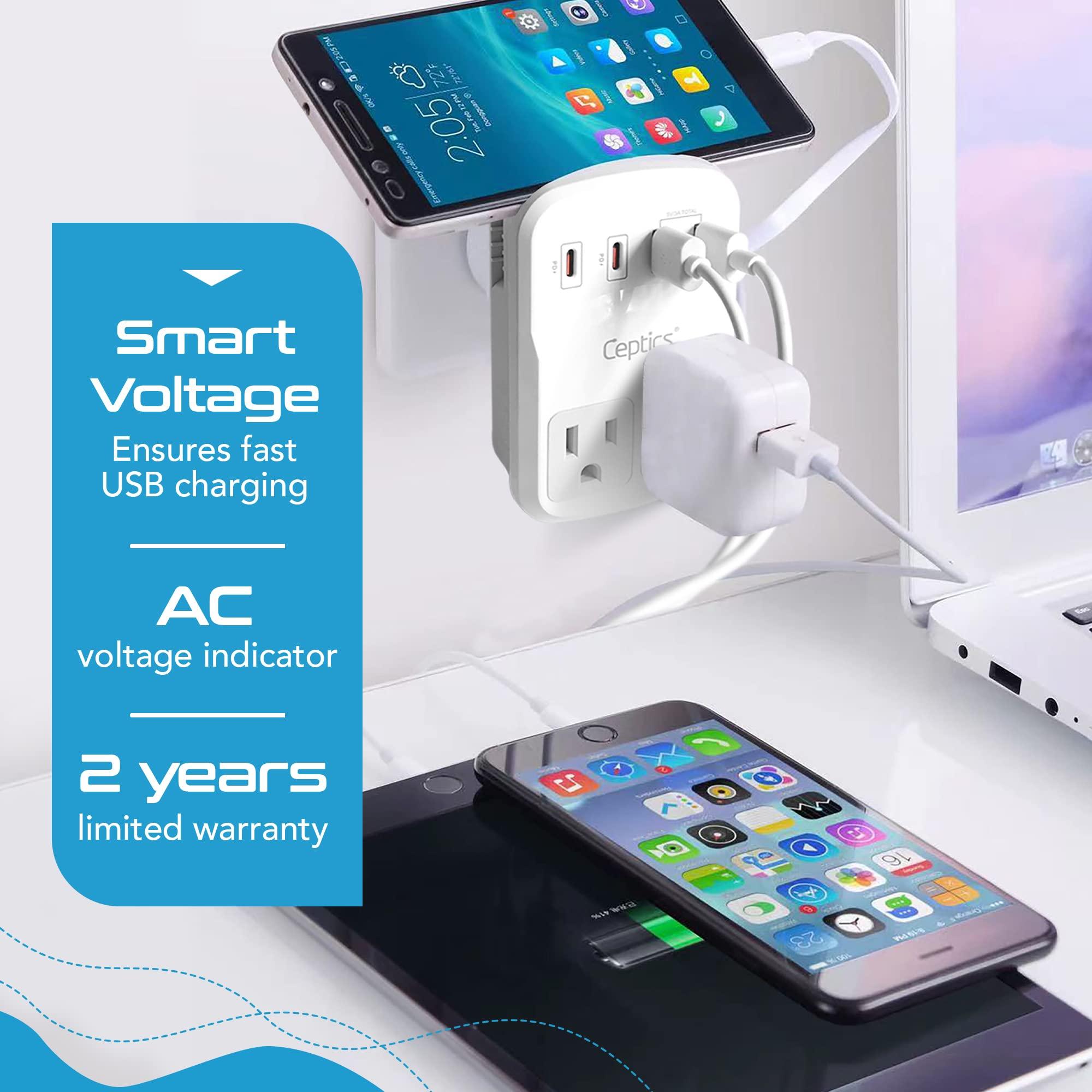 Ceptics Ceptics World Travel Adapter Kit 2 USB-A, USB-C US Outlets, 20W/QC 18W Power Delivery, Surge Protection, SWADAPT Compatible for Europe, UK, China, Australia, Japan Perfect Laptop (WPS-5B)