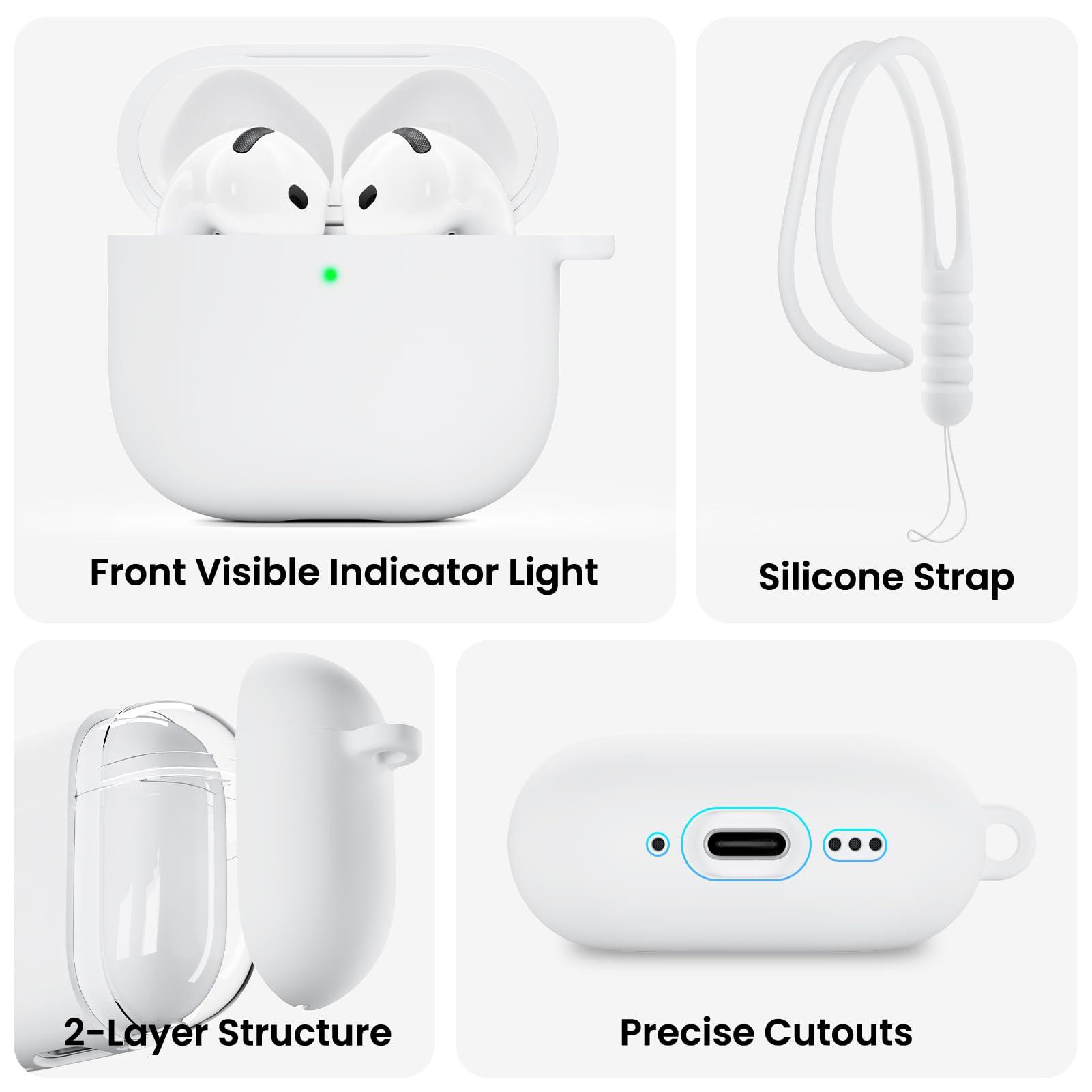 ORNARTO ORNARTO for AirPods 4 Case, Soft Silicone Full Protective Cover with LED Visible, Compatible with AirPods 4th Generation 2024 - White