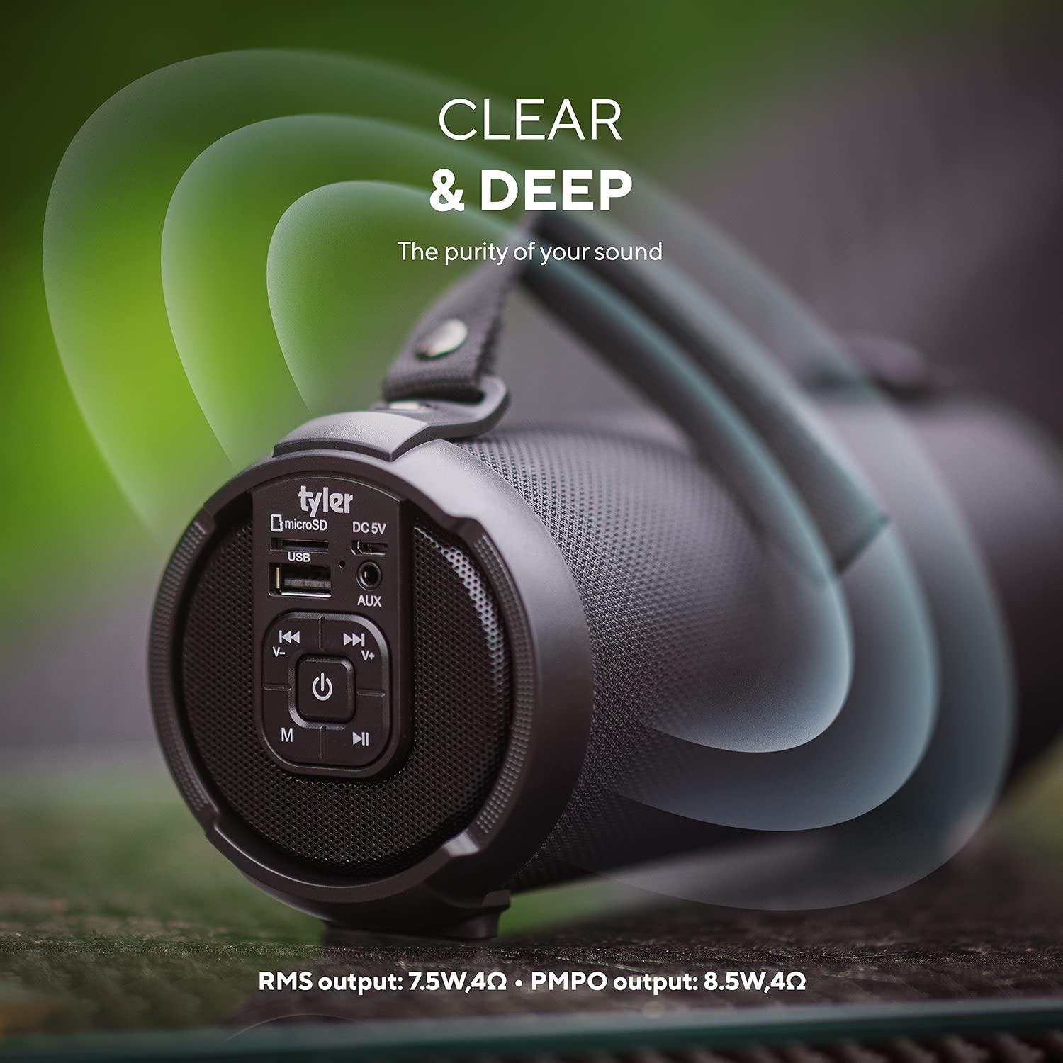 TYLER Tyler Wireless Bluetooth Speaker Water Resistant Long Range Rechargeable Boombox USB MP3 Micro SD AUX Inputs Fm Radio Sound & Bass Carry Strap Lightweight for Home Outdoor Stereo