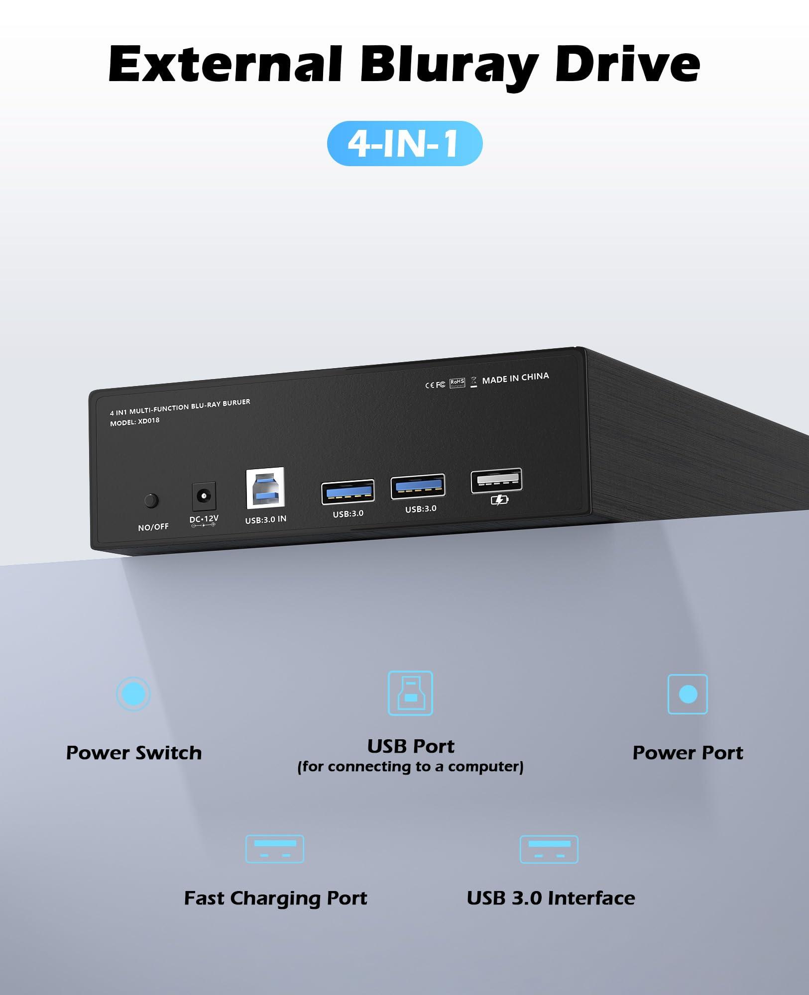 Wbacon 4 in 1 External Blu Ray Drive, 16X Blu-ray, 16X DVD, 48X CD Read/Write with SATA I/II/III Interface, USB 3.0 Type C External Bluray Burner for Laptop DVD Burner Compatible with Windows XP/7/8/10/11