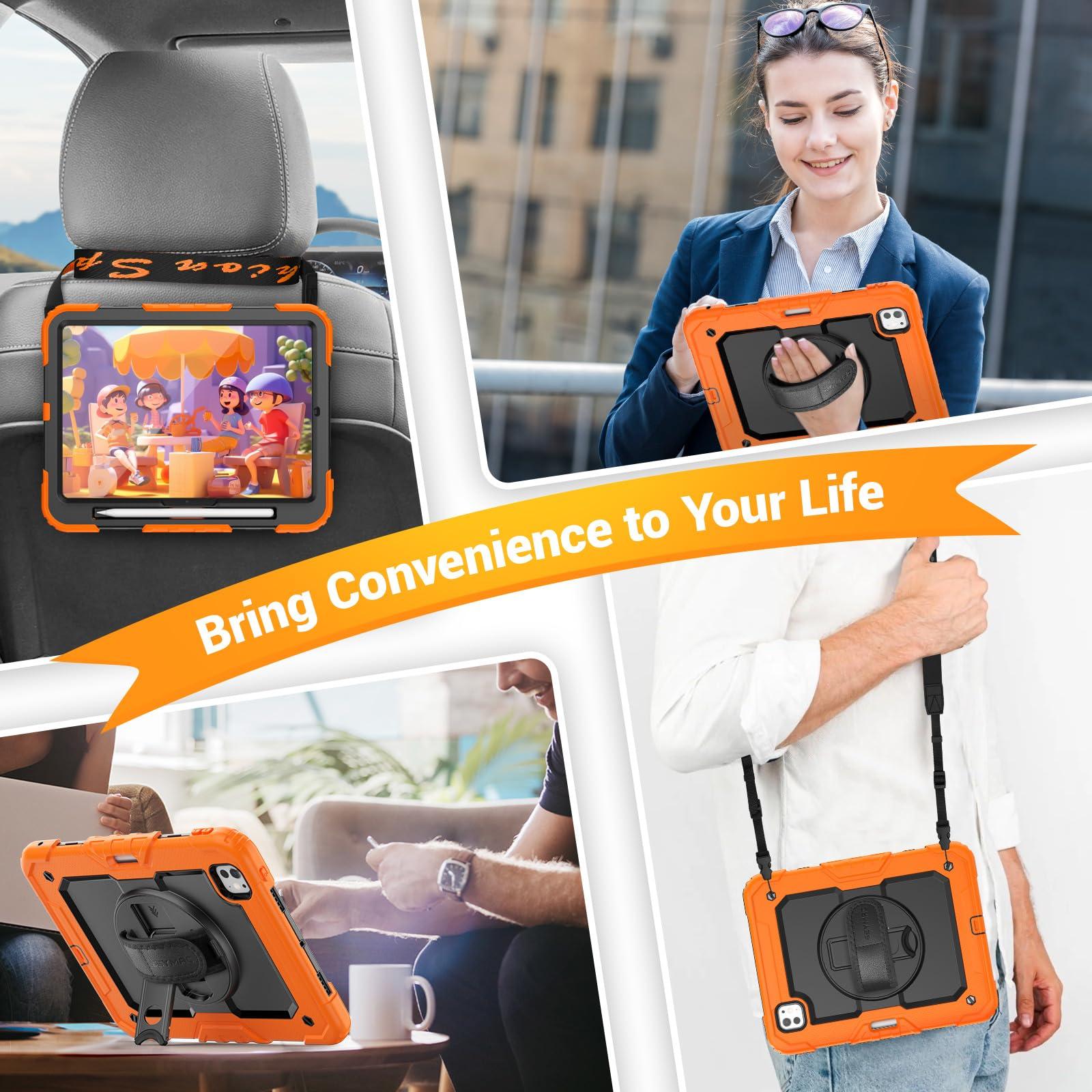 SEYMAC SEYMAC for iPad Pro 11 Inch Case 2024 (M4), Heavy Duty Shockproof Protective Case with Screen Protector, 360 Rotating Stand, Hand/Shoulder Strap and Pen Holder for iPad Pro 11 2024, Orange