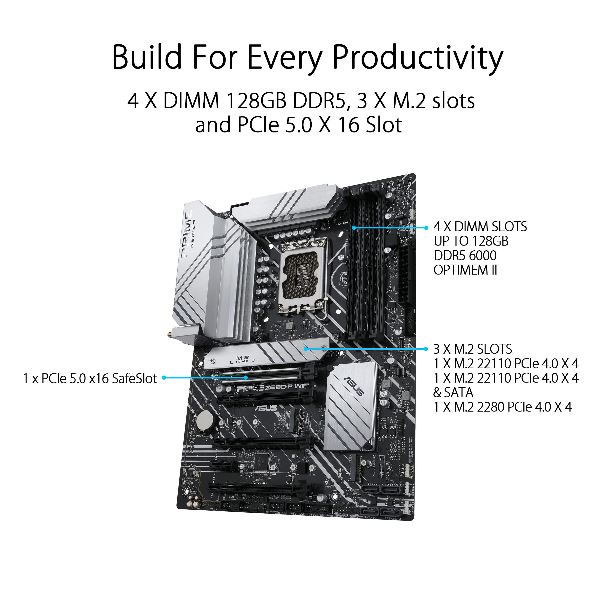 ASUS ASUS Prime Z690-P WiFi LGA1700(Intel 12th Gen) ATX Motherboard (PCIe 5.0,DDR5,14+1 Power Stages,3X M.2,WiFi 6,BT v5.2,2.5Gb LAN,Front USB 3.2 Gen 1 Type-C,Thunderbolt 4 Support, Arua Sync) (Renewed)