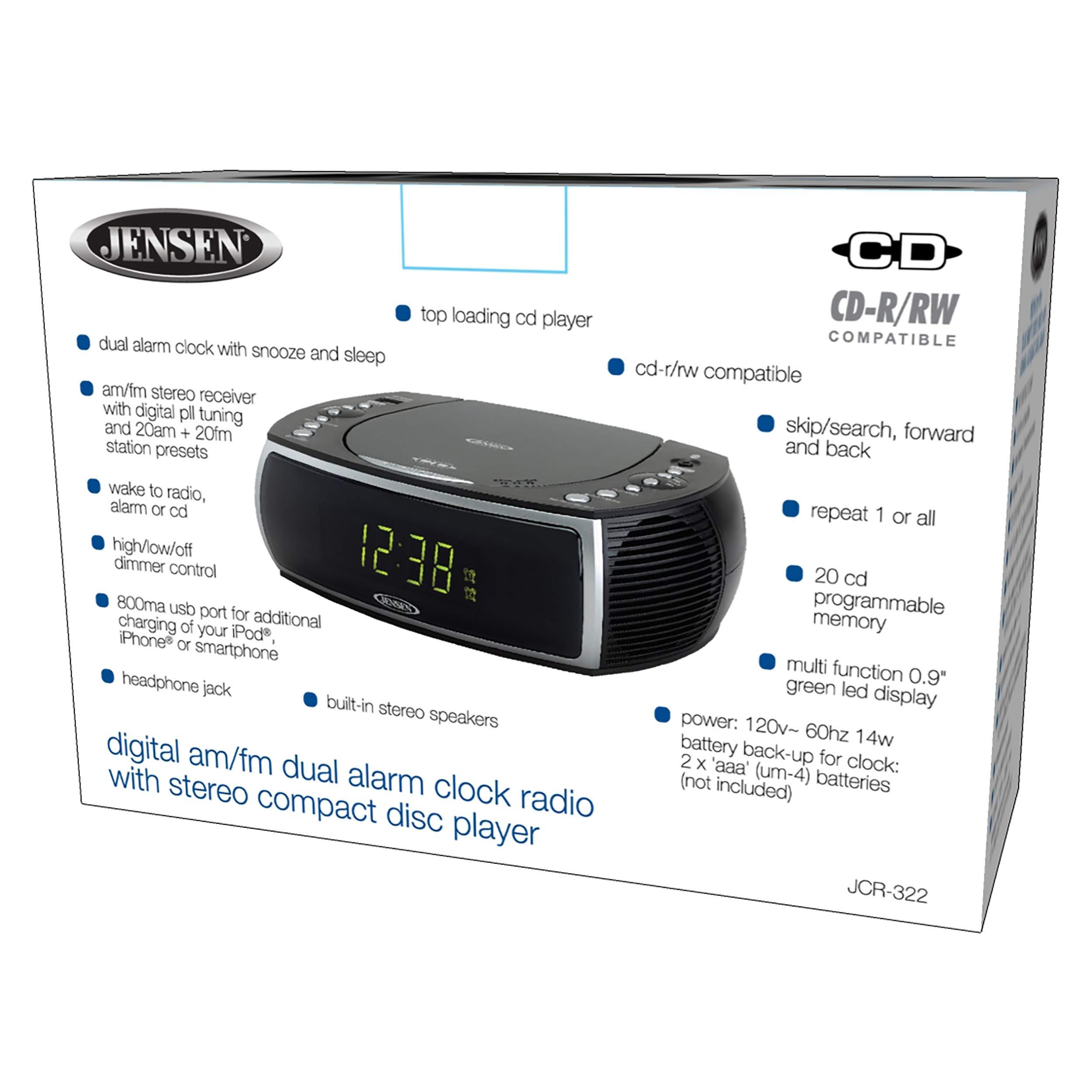 Jensen Jensen Modern Home CD Tabletop Stereo Clock Digital AM/FM Radio CD Player Dual Alarm Clock Stereo CD Top-Loading Disc Player | USB Charging Port DV 5V 800mA | Headphone Jack | 0.9 Display Green LED
