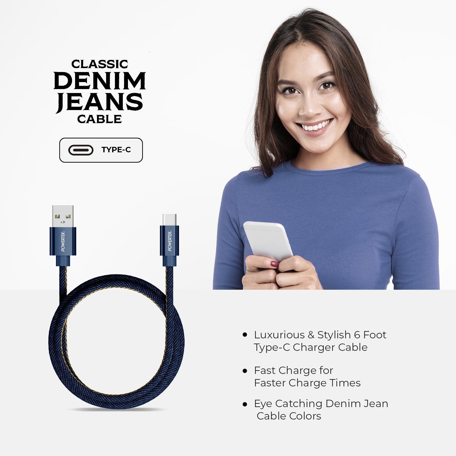 LIQUIPEL LIQUIPEL Powertek Type-C Fast Charger Cable, 6ft USB to Type-C for Galaxy, MacBook, and More, Denim (Dark Blue)