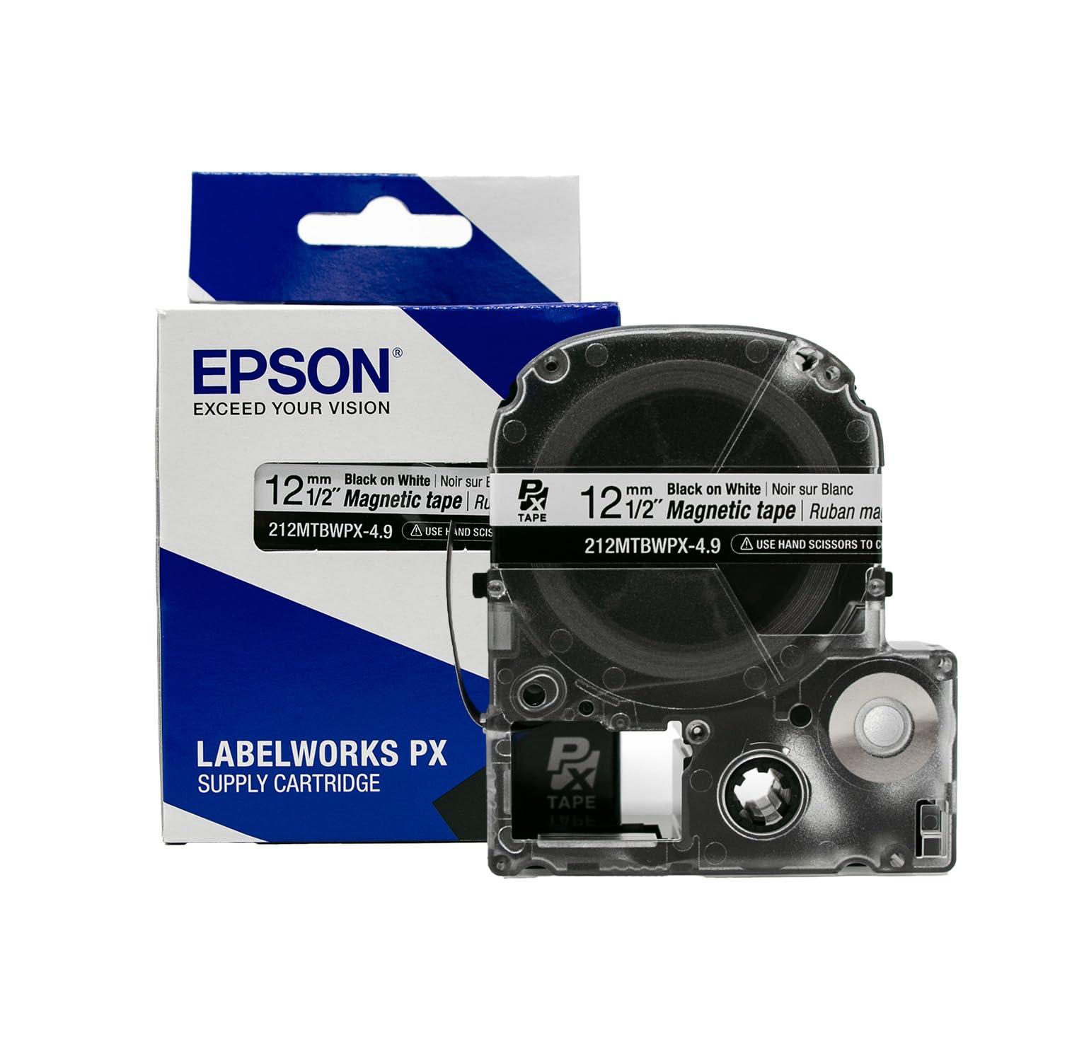 LABELWORKS Epson LABELWORKS 212MTBWPX-4.9 Magnetic Tape Cartridge - Black on White Magnet Label Maker Tape - 1/2\" (12MM) Wide, 4.9 ft, White